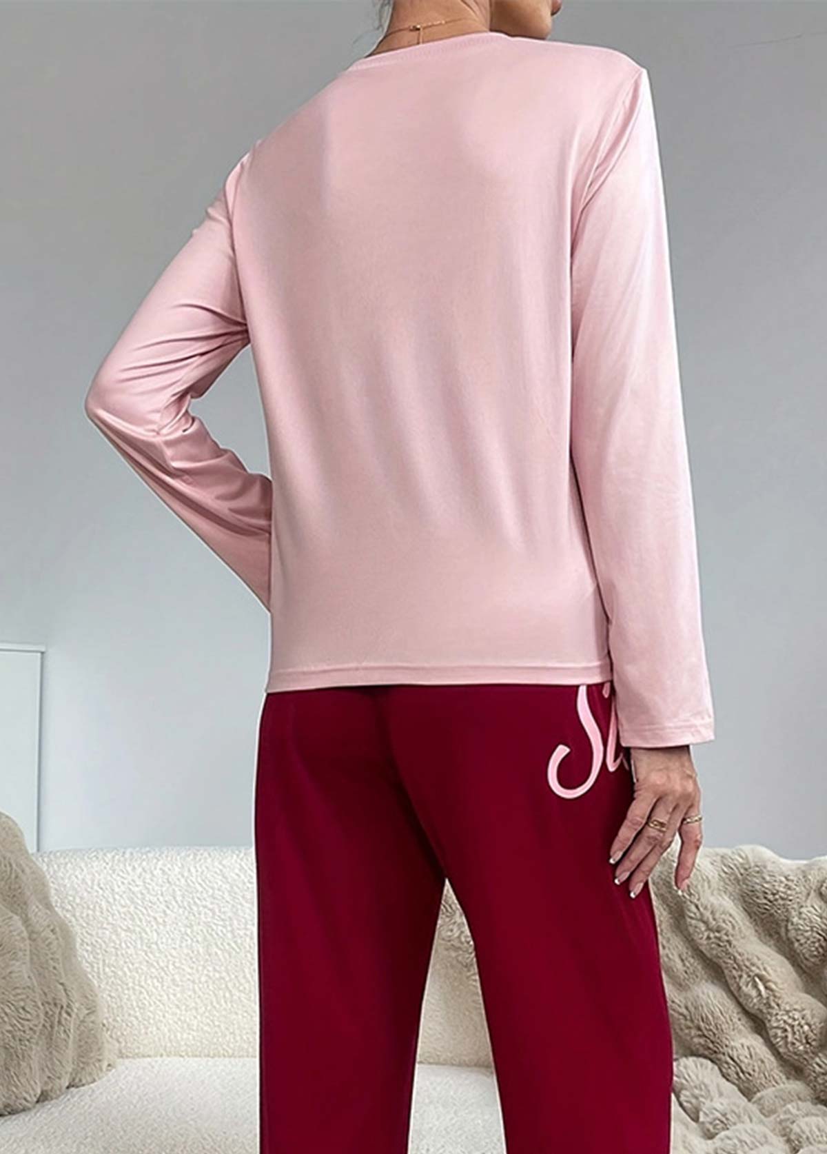 Pink Letter Print Long Sleeve Lounge Top and Pants | picture 