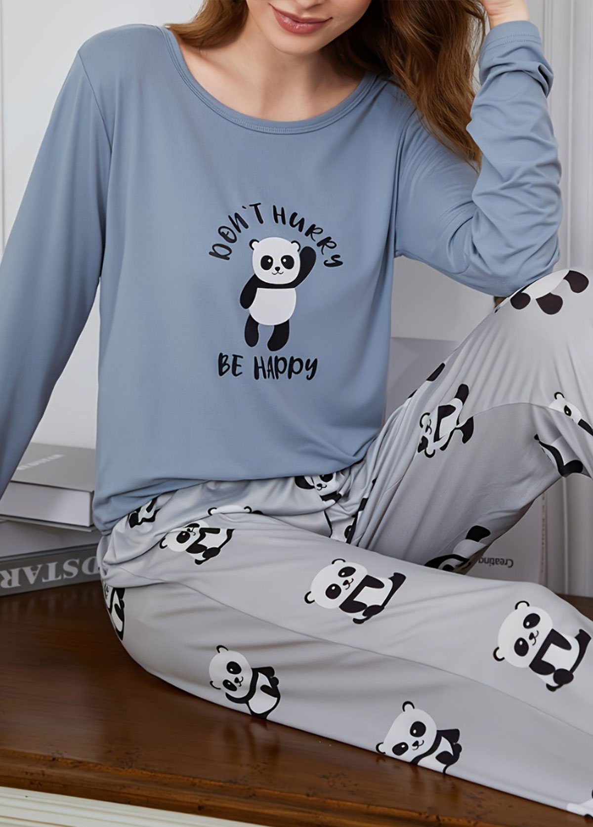 Dusty Blue Animal Print Lounge Top and Pants | picture 