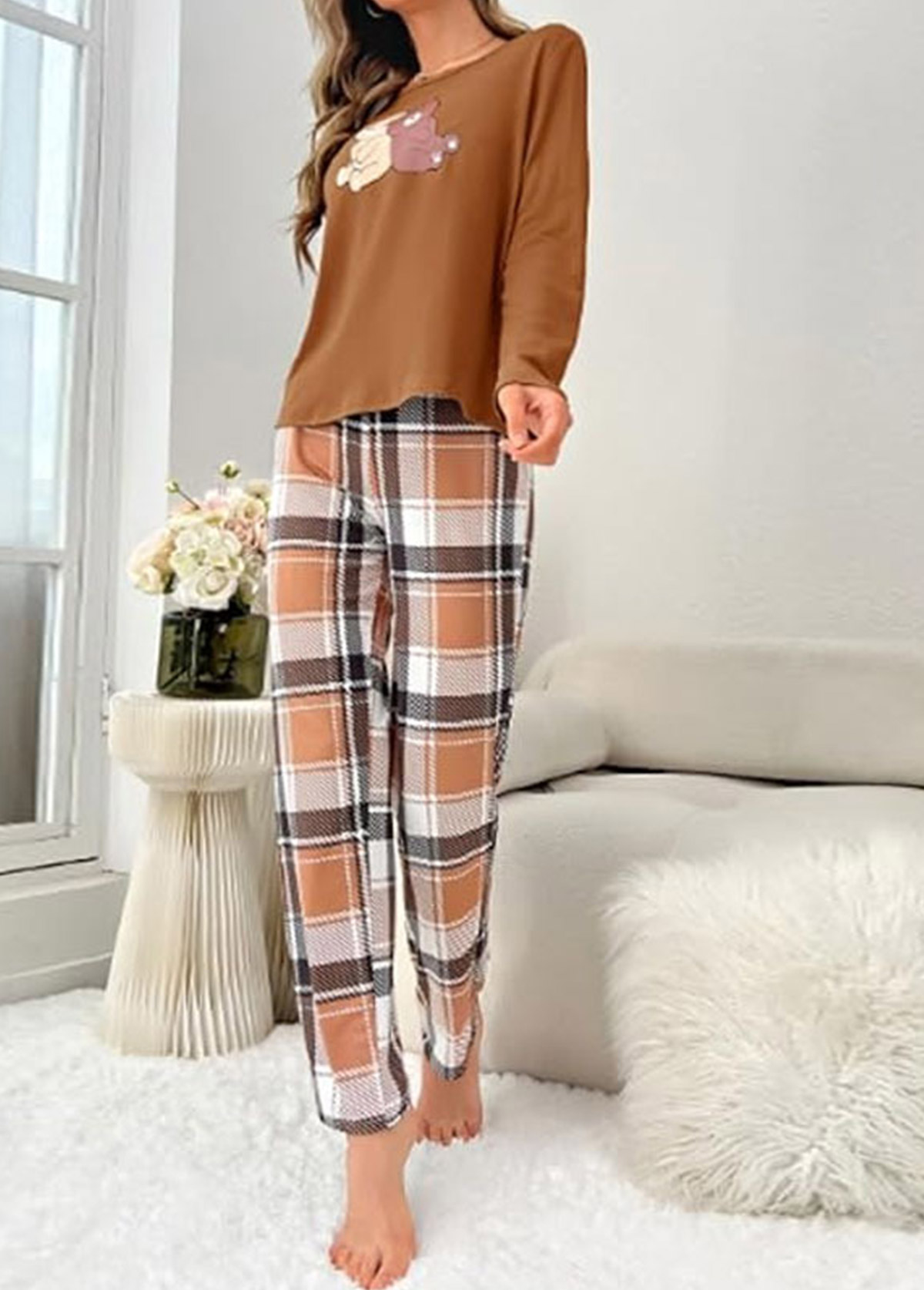 Dark Camel Plaid Long Sleeve Lounge Top and Pants | picture 