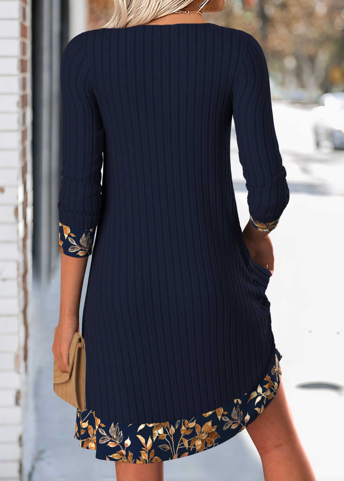 Navy Tummy Coverage Leaf Print Short Long Sleeve Dress | picture 