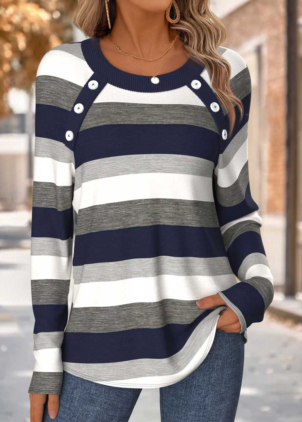 Navy Tummy Coverage Striped Long Sleeve T Shirt | picture 