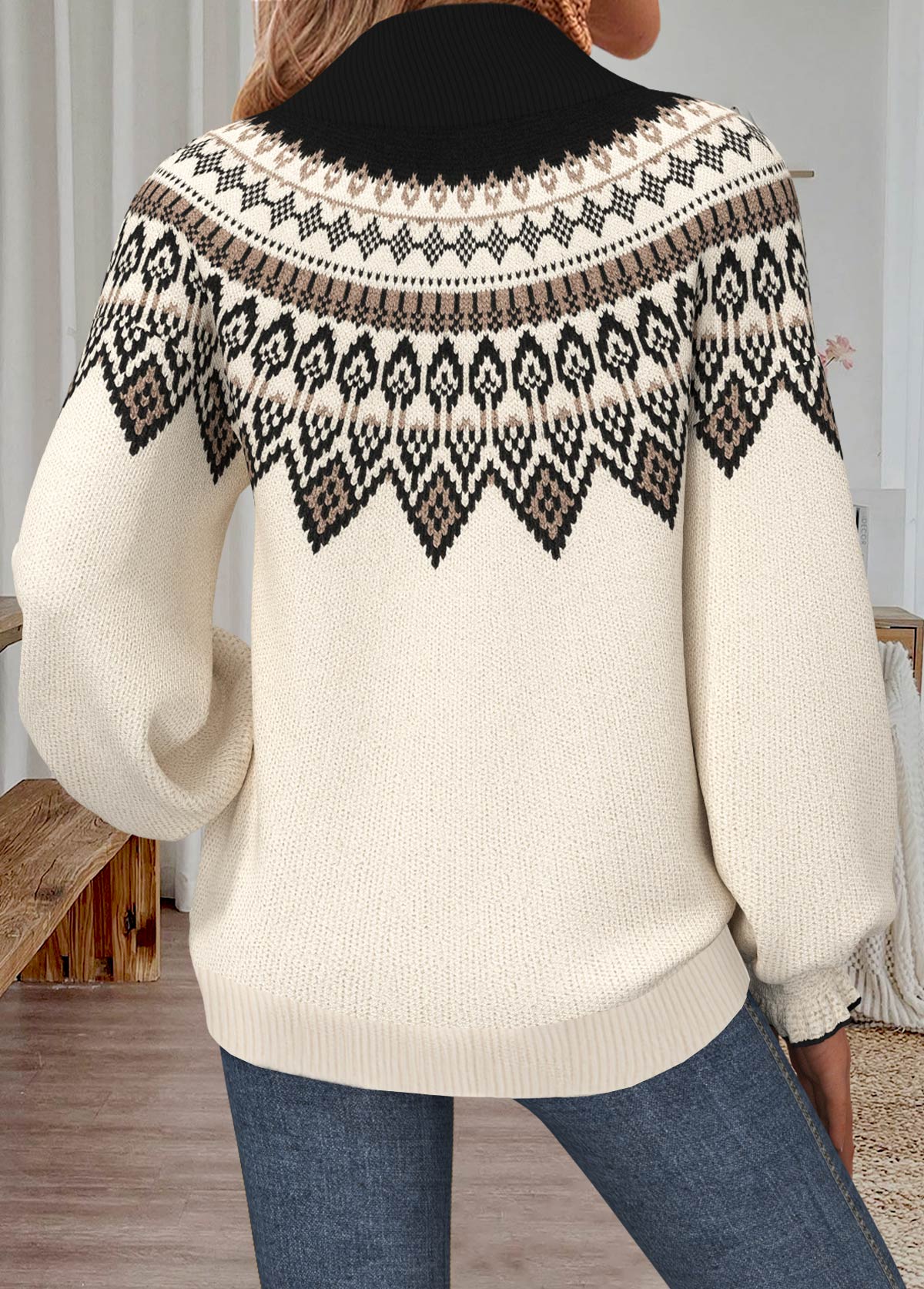 Beige Tummy Coverage Fair Isle Print Long Sleeve Sweater | picture 