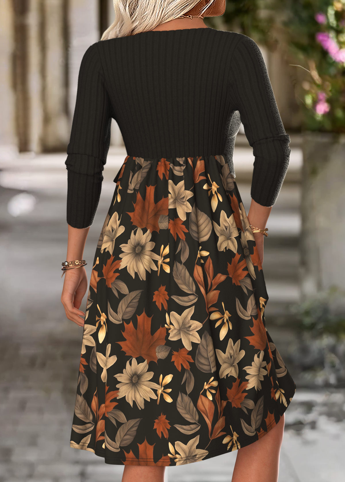 Black Tummy Coverage Floral Print Long Sleeve Dress | picture 