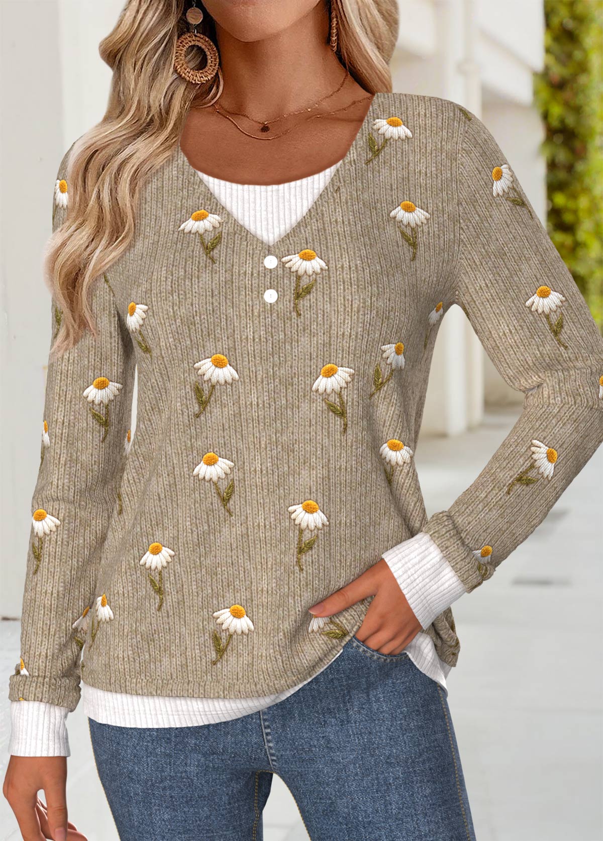 Dark Coffee Tummy Coverage Daisy Print T Shirt | picture 