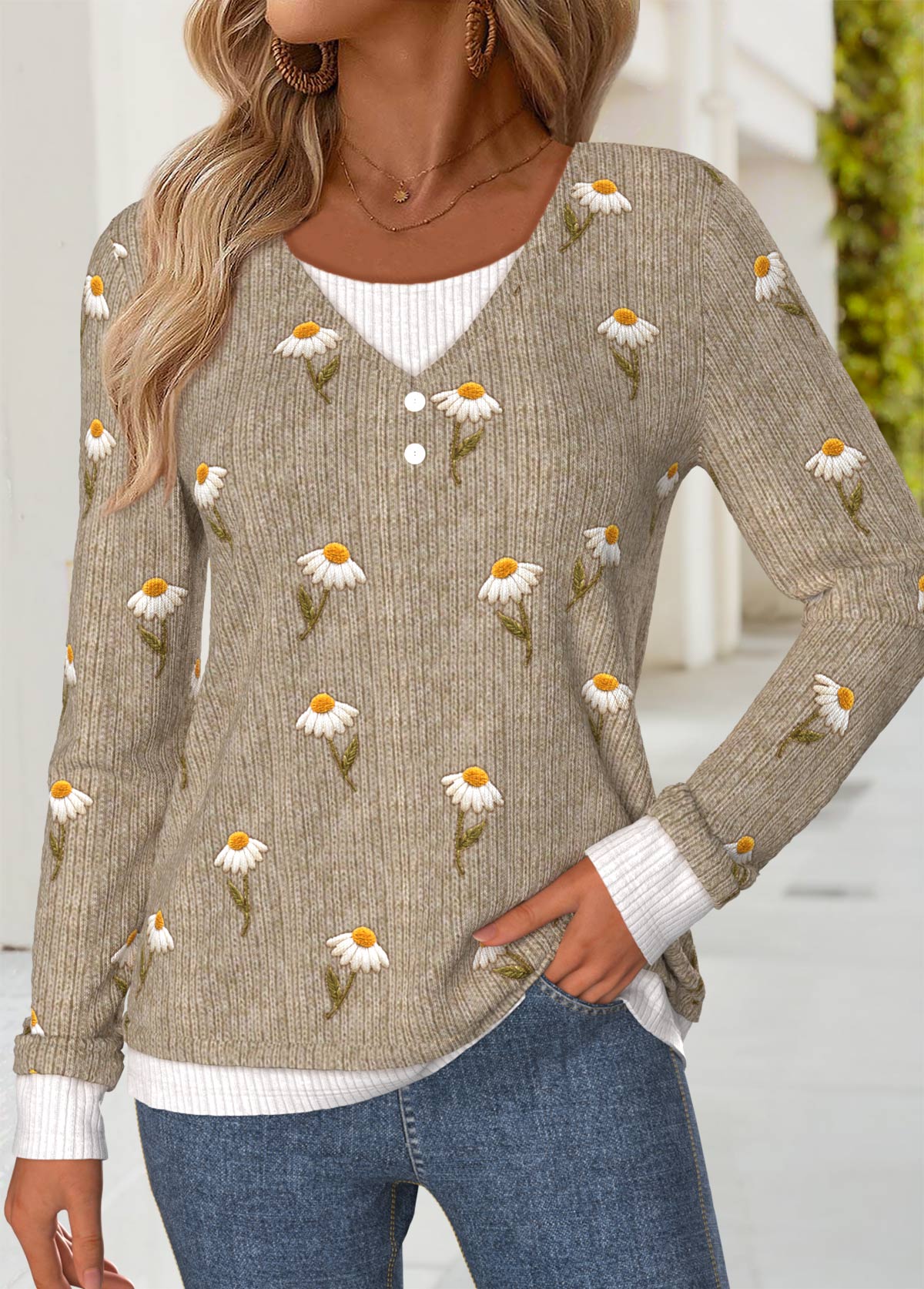 Dark Coffee Tummy Coverage Daisy Print T Shirt | picture 