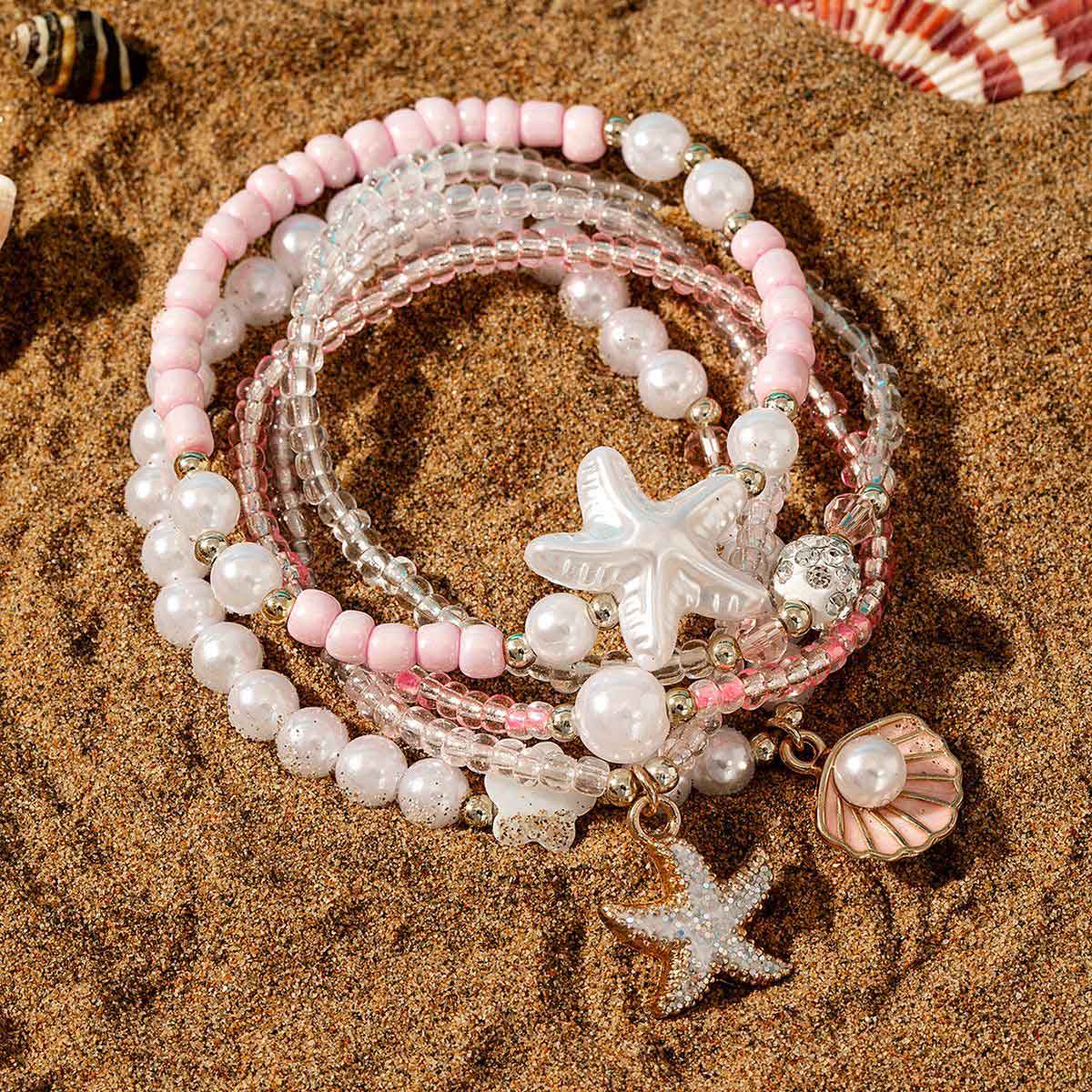 Pink Shell Seed Beads Bracelets Set | picture 