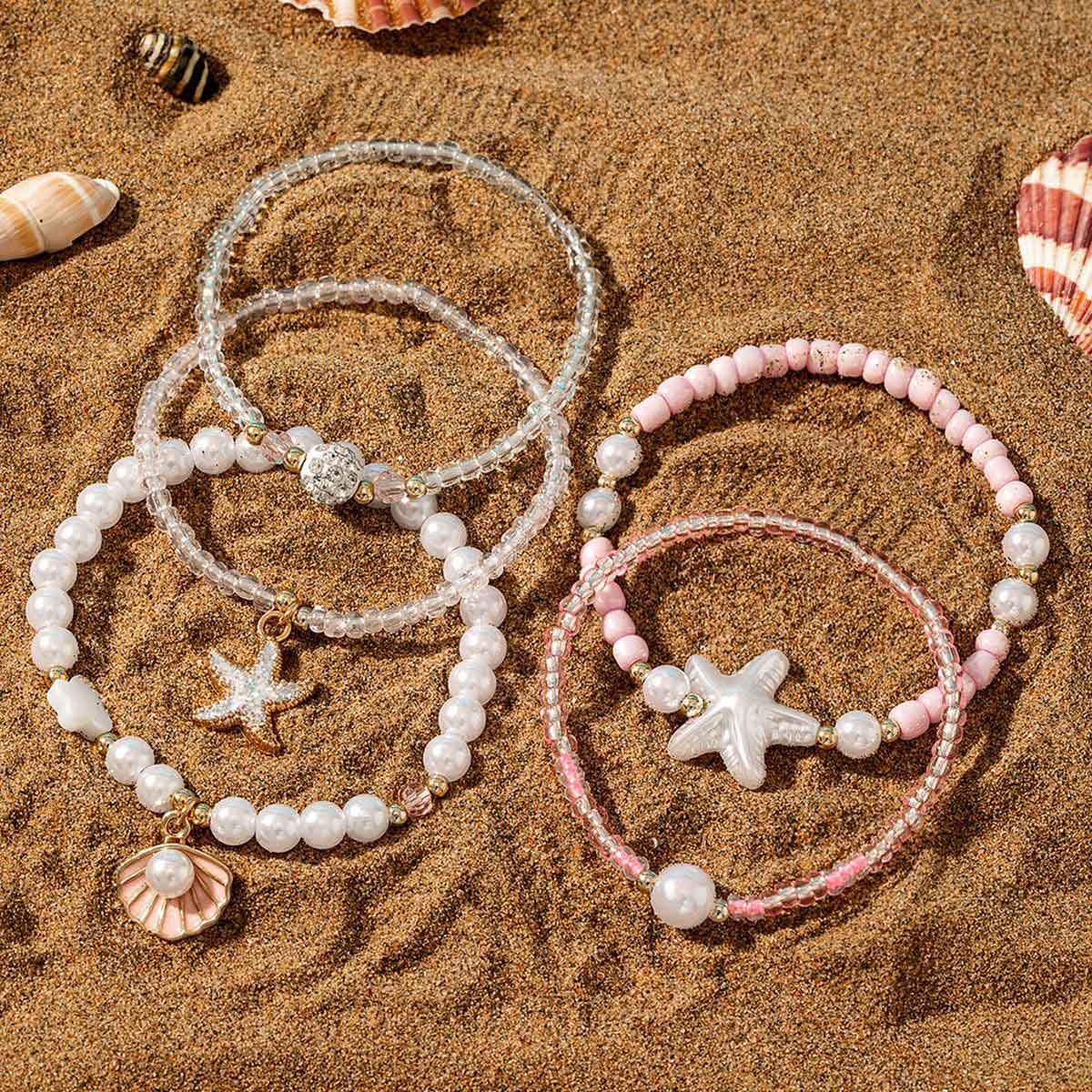 Pink Shell Seed Beads Bracelets Set | picture 