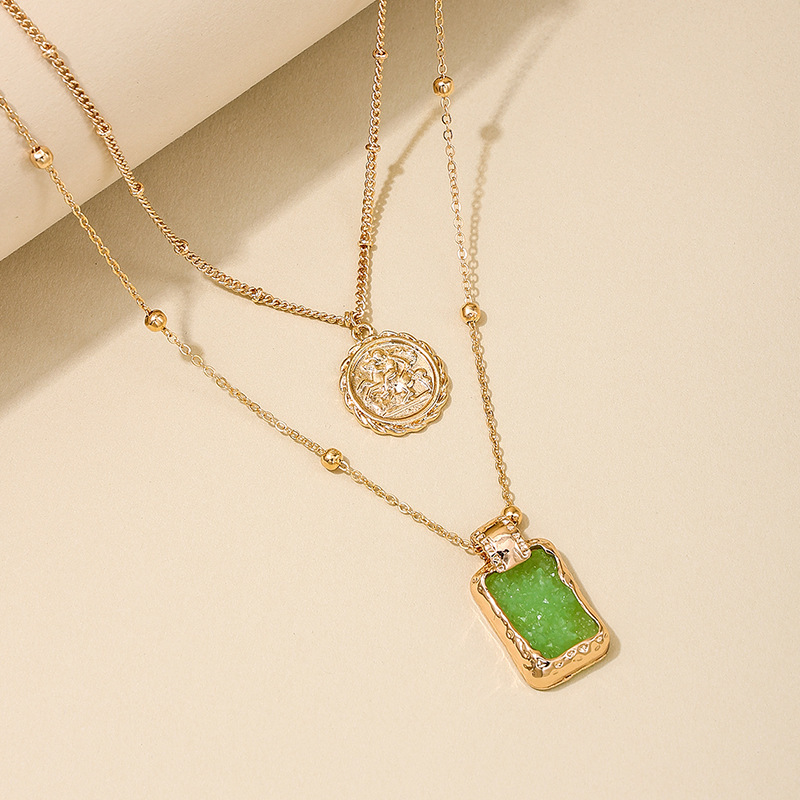 Grass Green Square Layered Alloy Necklace | picture 