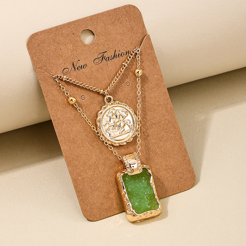Grass Green Square Layered Alloy Necklace | picture 
