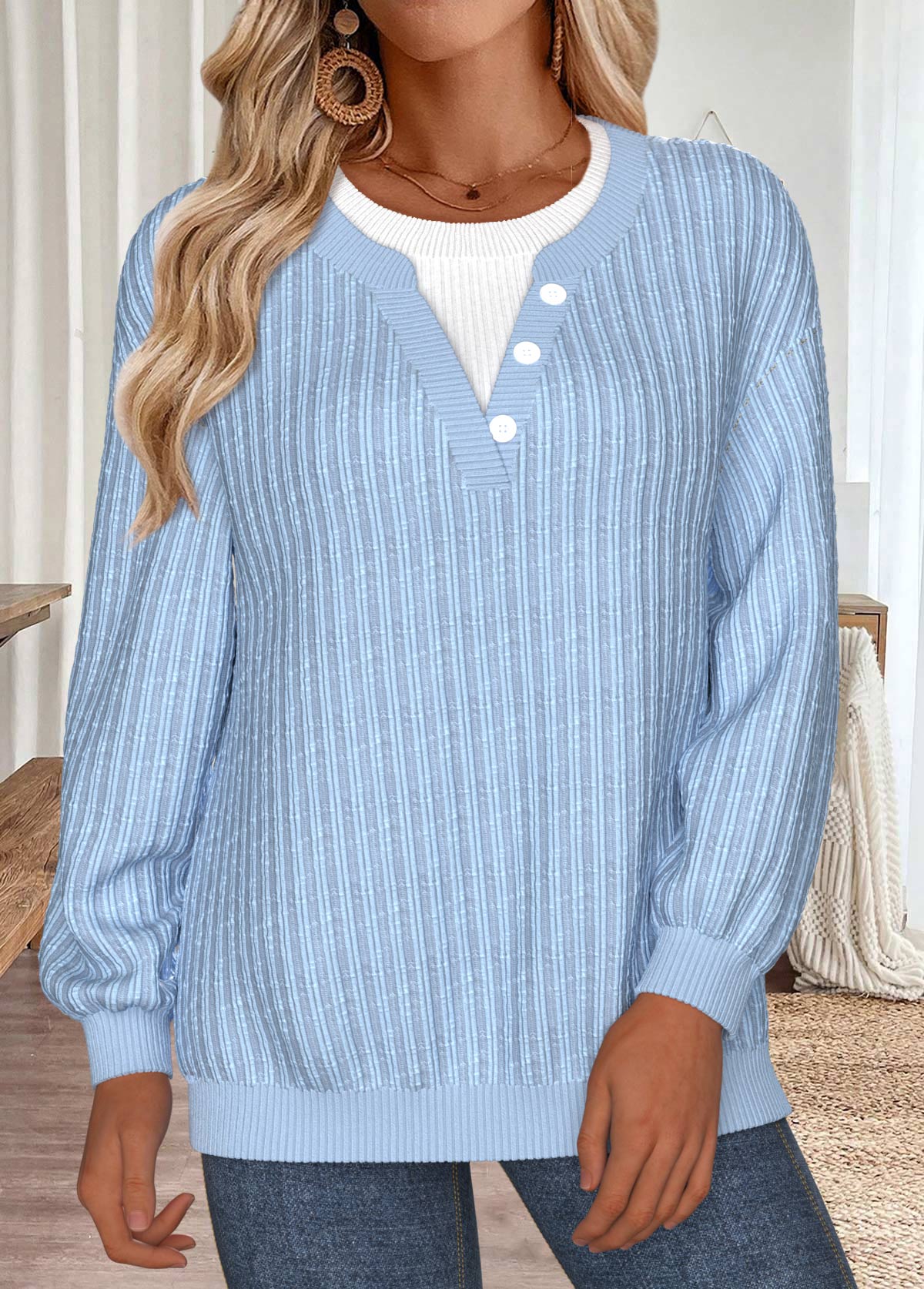 Blue Tummy Coverage Long Sleeve Round Neck Sweatshirt | picture 