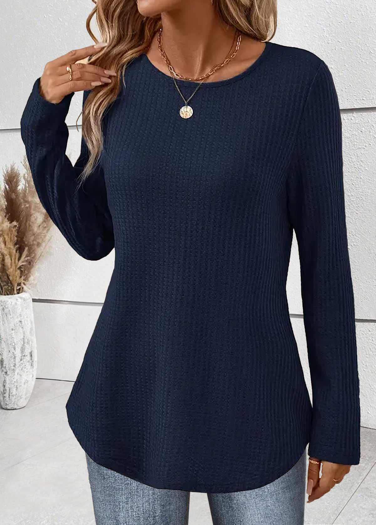 Navy Tummy Coverage Long Sleeve Round Neck T Shirt | picture 