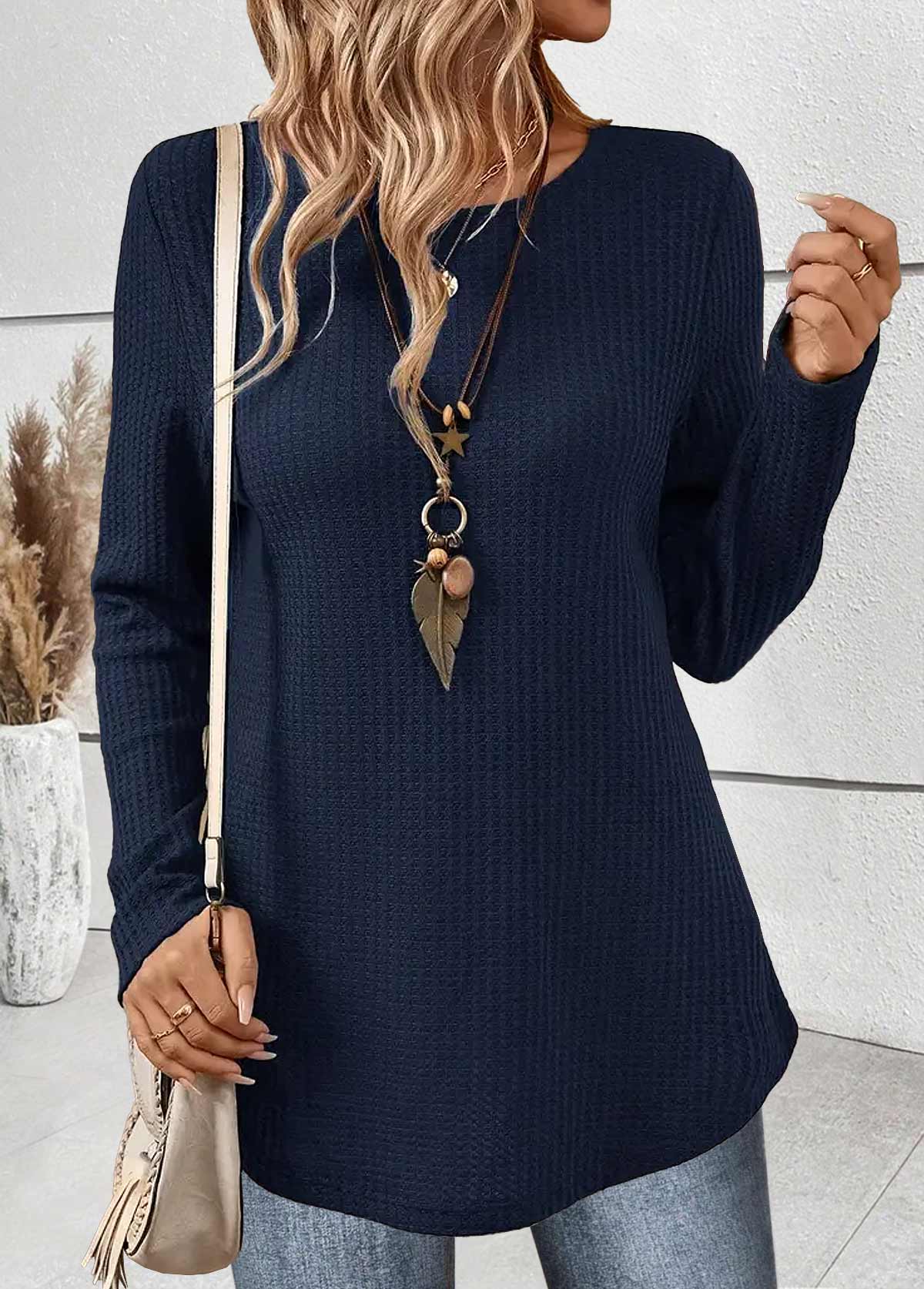 Navy Tummy Coverage Long Sleeve Round Neck T Shirt | picture 