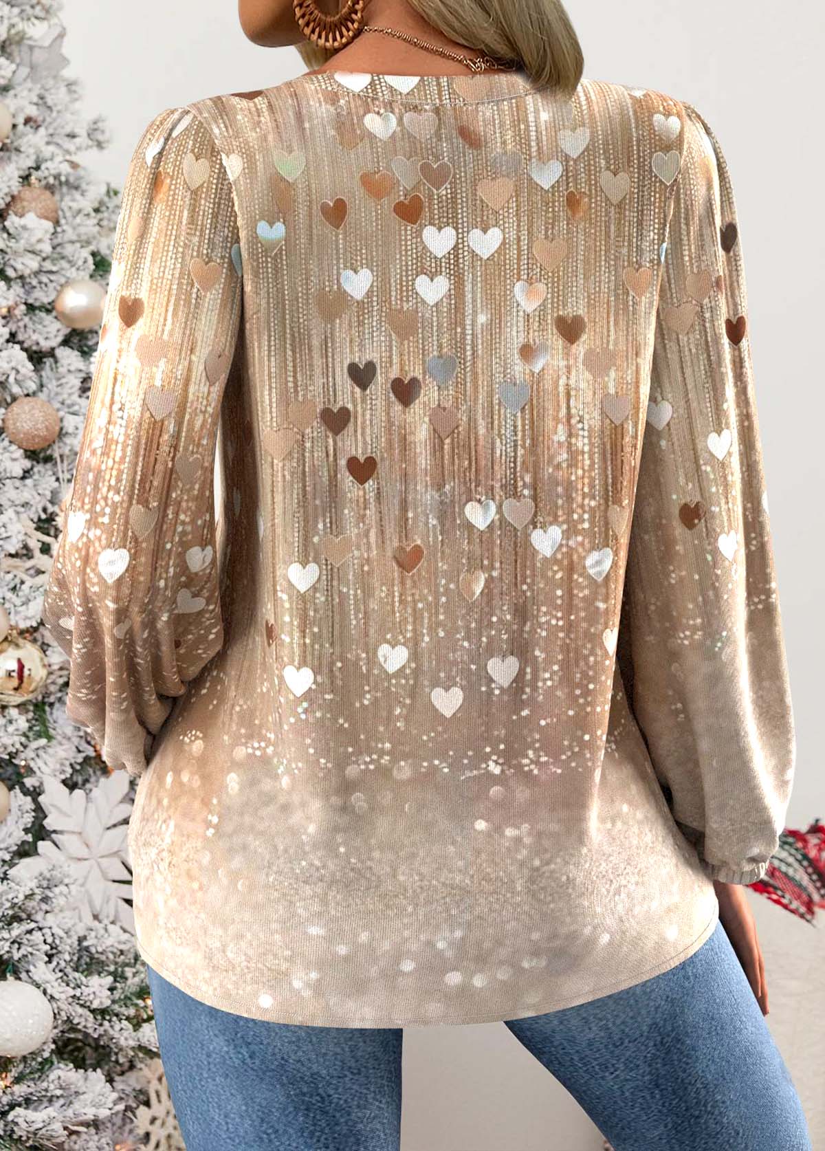 Skin Color Curved Hem Heart Print Long Sleeve Blouse | picture 