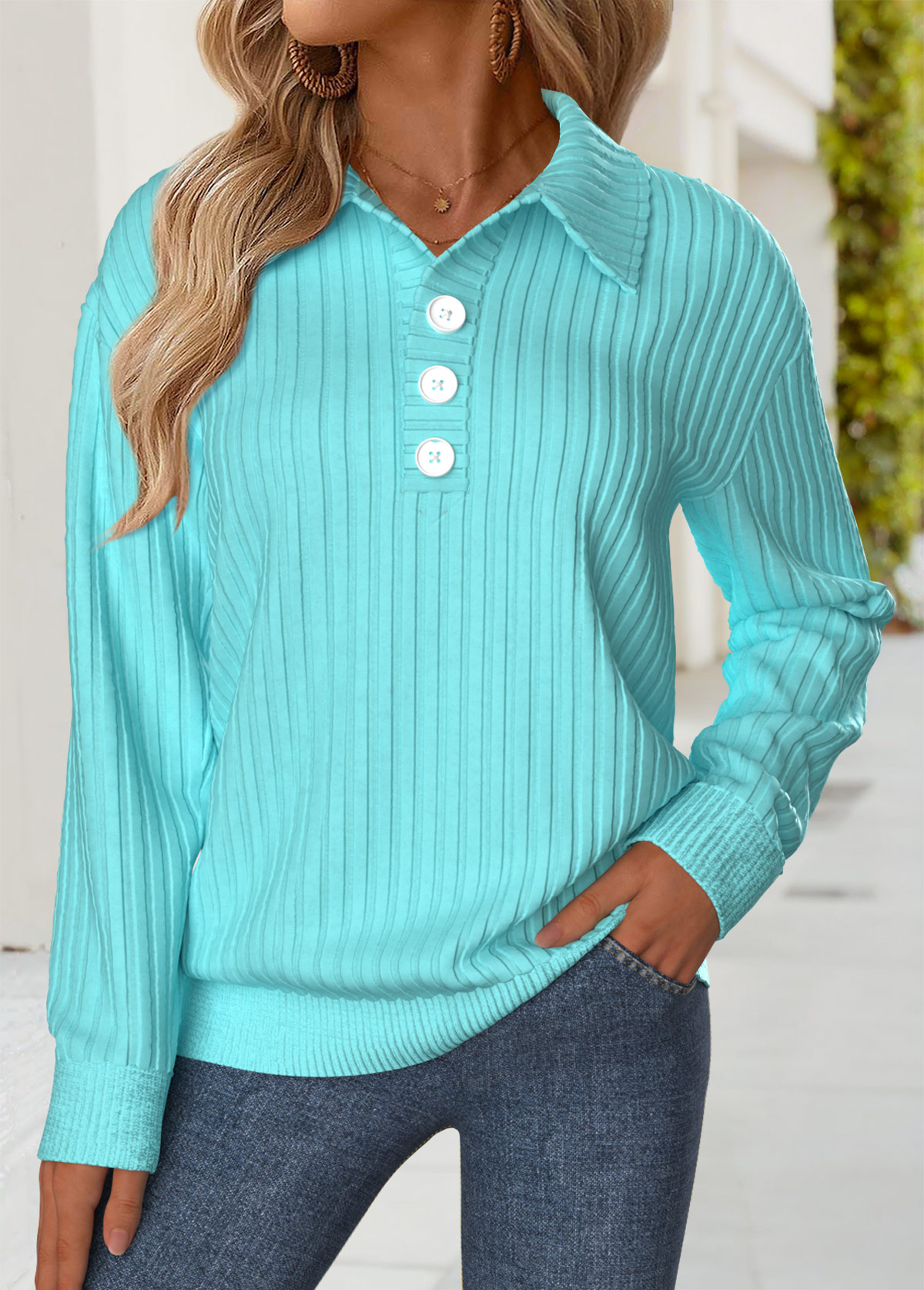 Cyan Tummy Coverage Long Sleeve Turn Down Collar Sweatshirt | picture 