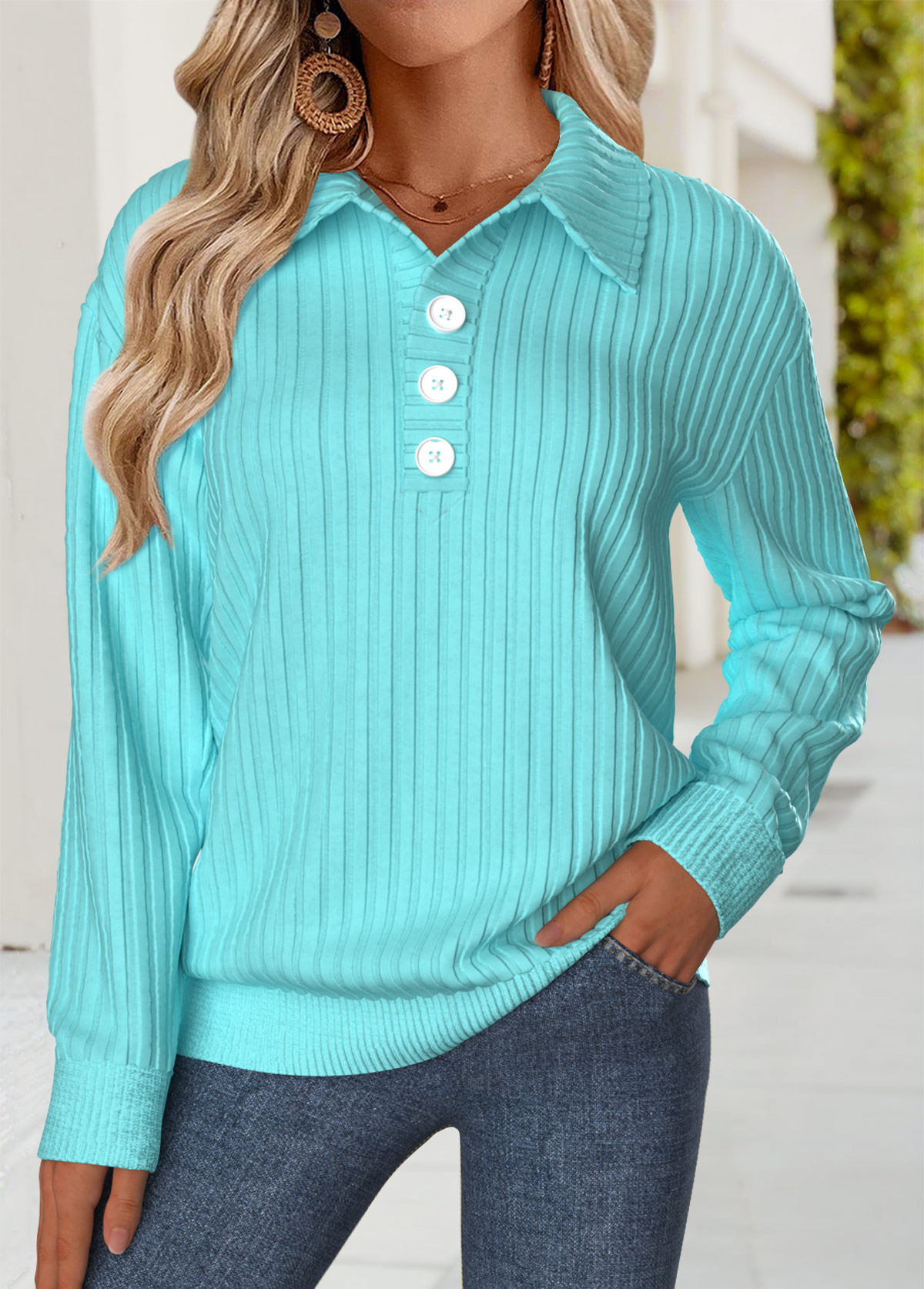 Cyan Tummy Coverage Long Sleeve Turn Down Collar Sweatshirt | picture 