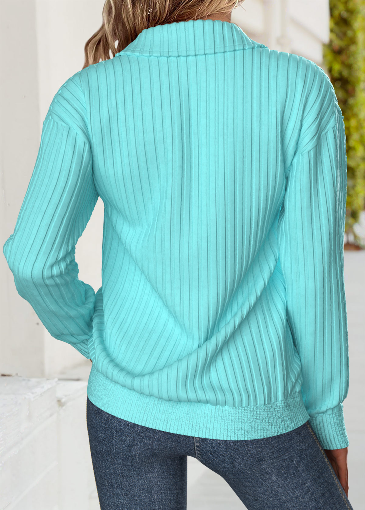 Cyan Tummy Coverage Long Sleeve Turn Down Collar Sweatshirt | picture 