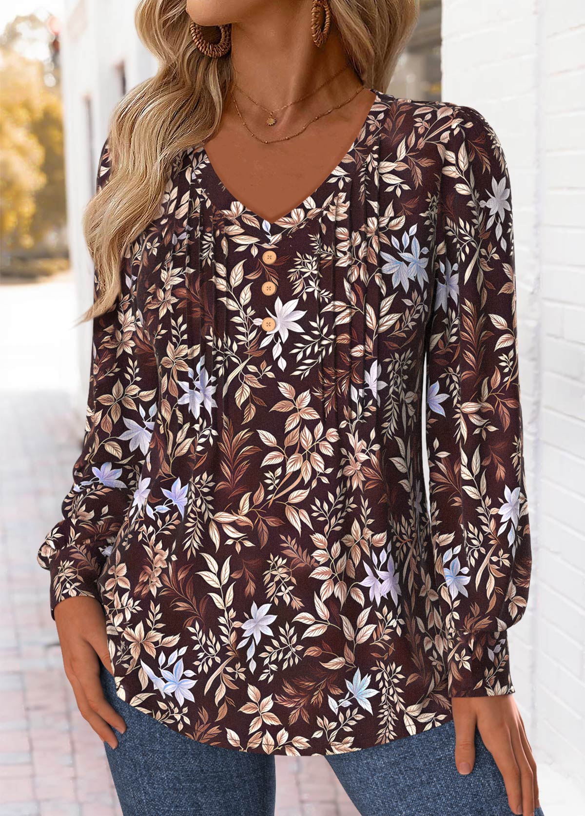 Dark Coffee Tuck Stitch Random Floral Print T Shirt | picture 