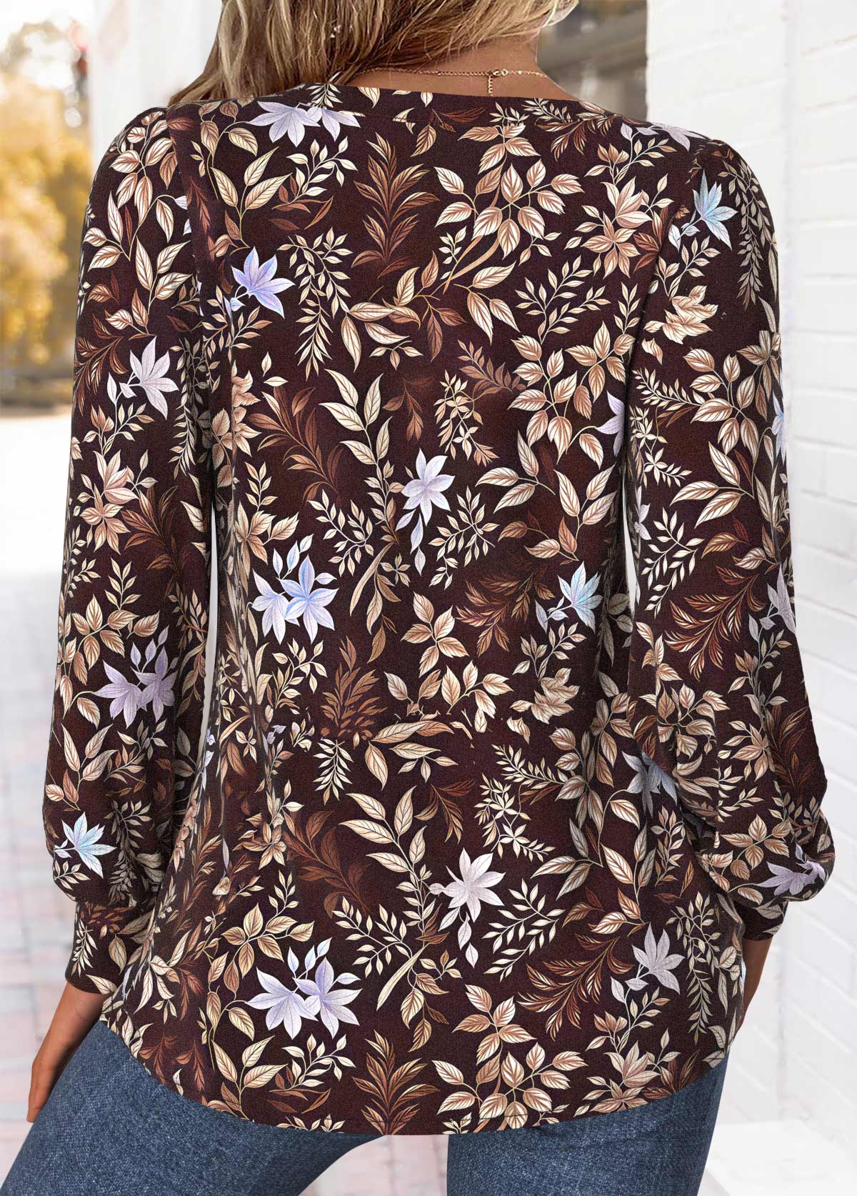 Dark Coffee Tuck Stitch Random Floral Print T Shirt | picture 