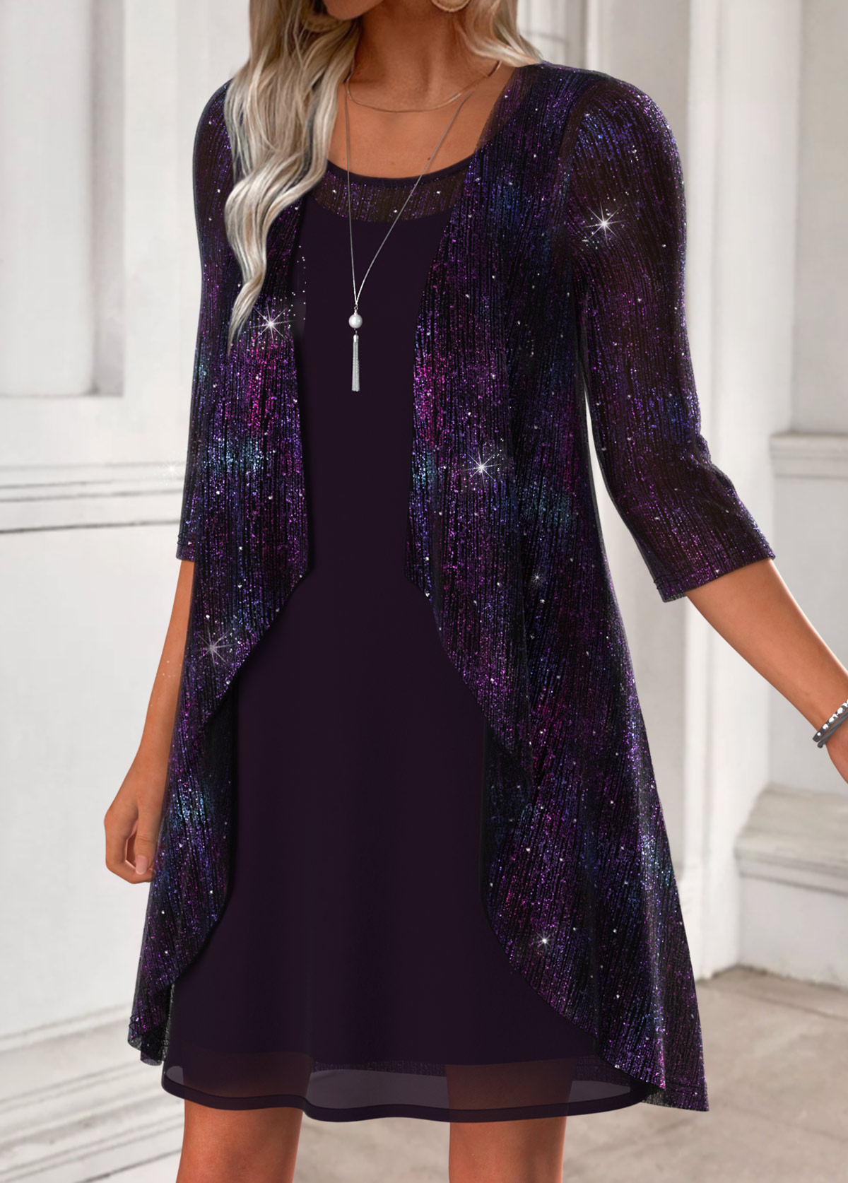 Dark Purple Tummy Coverage Long Sleeve Dress and Cardigan | picture 