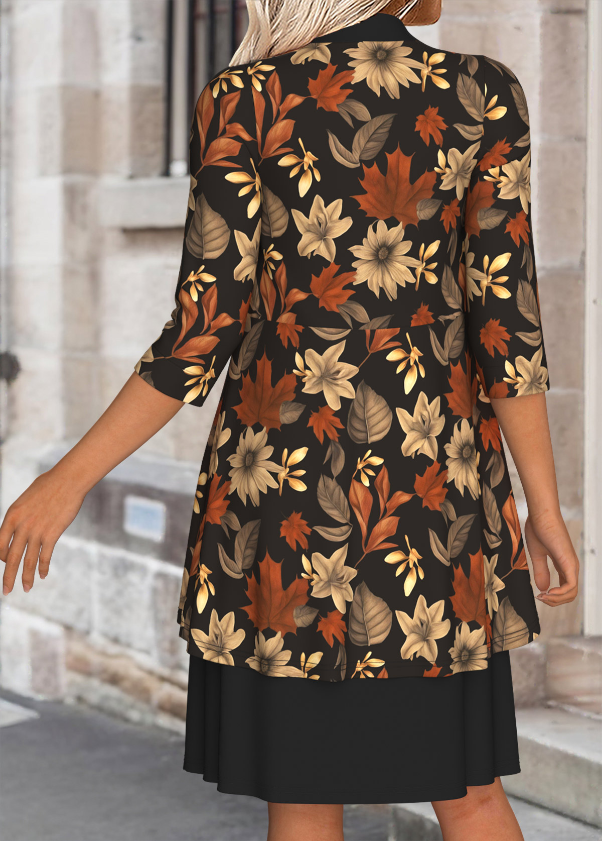 Black Tummy Coverage Leaf Print Dress and Cardigan | picture 