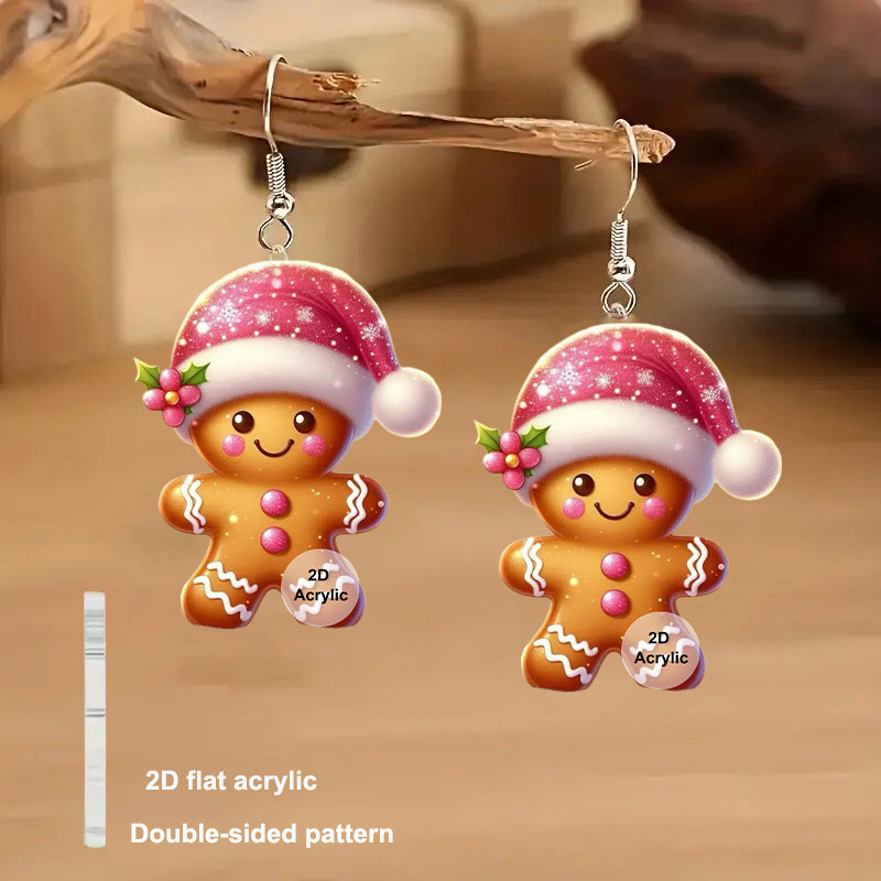 Christmas Pink Gingerbread Man Acrylic Earrings | picture 