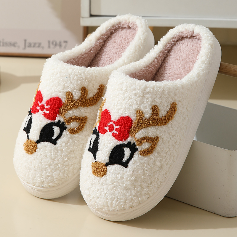 Christmas Beige Elk Print Closed Toe Falt Slippers | picture 