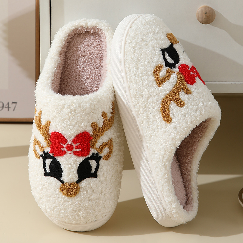 Christmas Beige Elk Print Closed Toe Falt Slippers | picture 