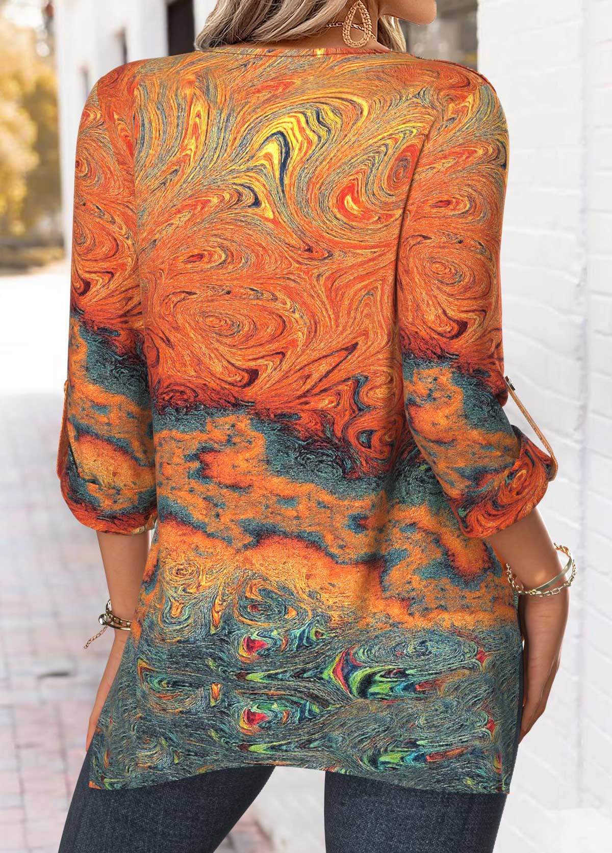 Orange Tummy Coverage Ink Painting Print Long Sleeve Blouse | picture 