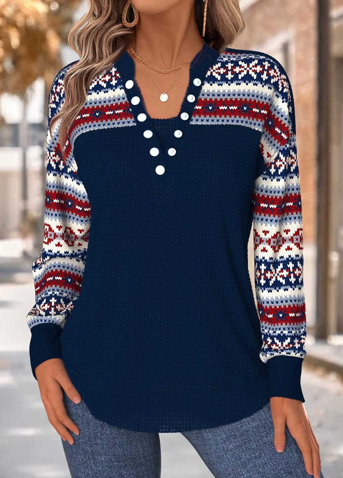 Navy Tummy Coverage Tribal Print Long Sleeve Sweatshirt | picture 