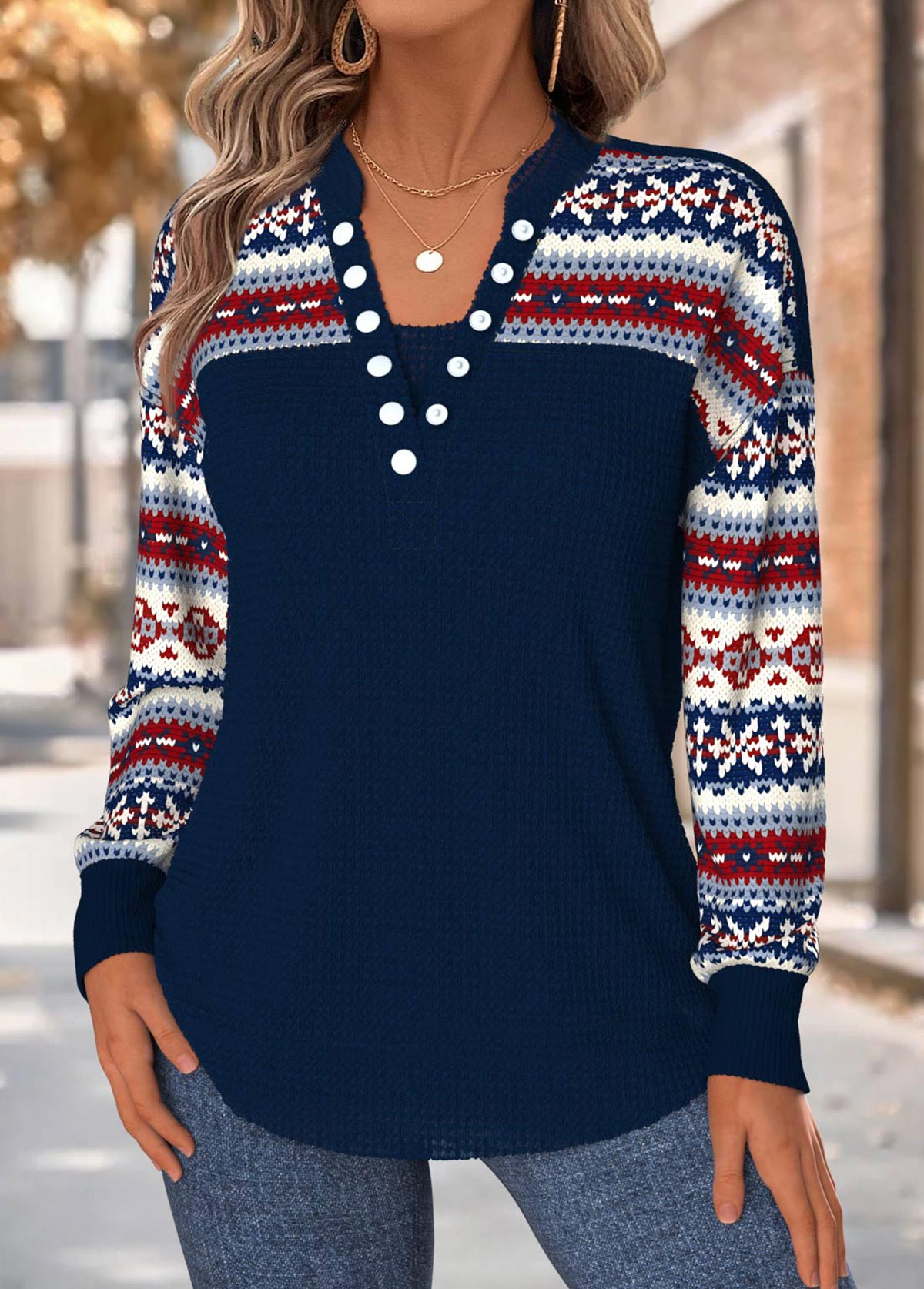 Navy Tummy Coverage Tribal Print Long Sleeve Sweatshirt | picture 