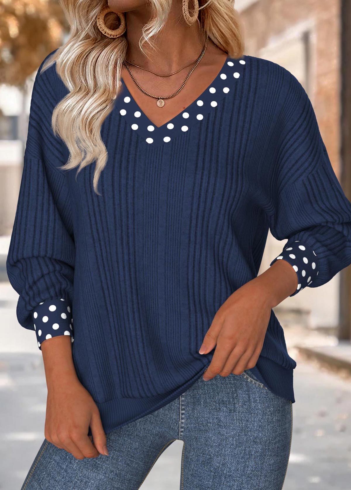 Navy Tummy Coverage Polka Dot Long Sleeve Sweatshirt | picture 