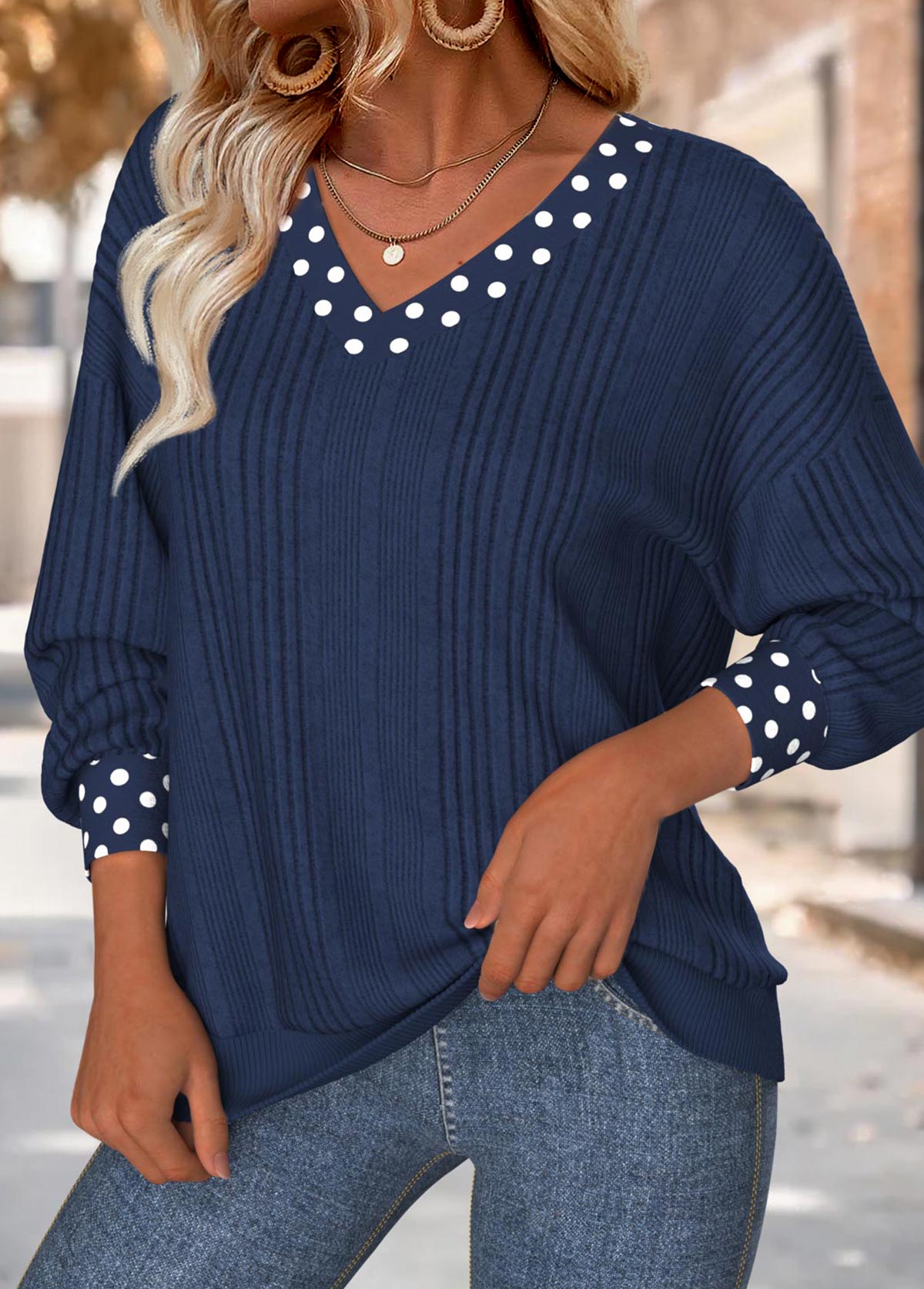 Navy Tummy Coverage Polka Dot Long Sleeve Sweatshirt | picture 