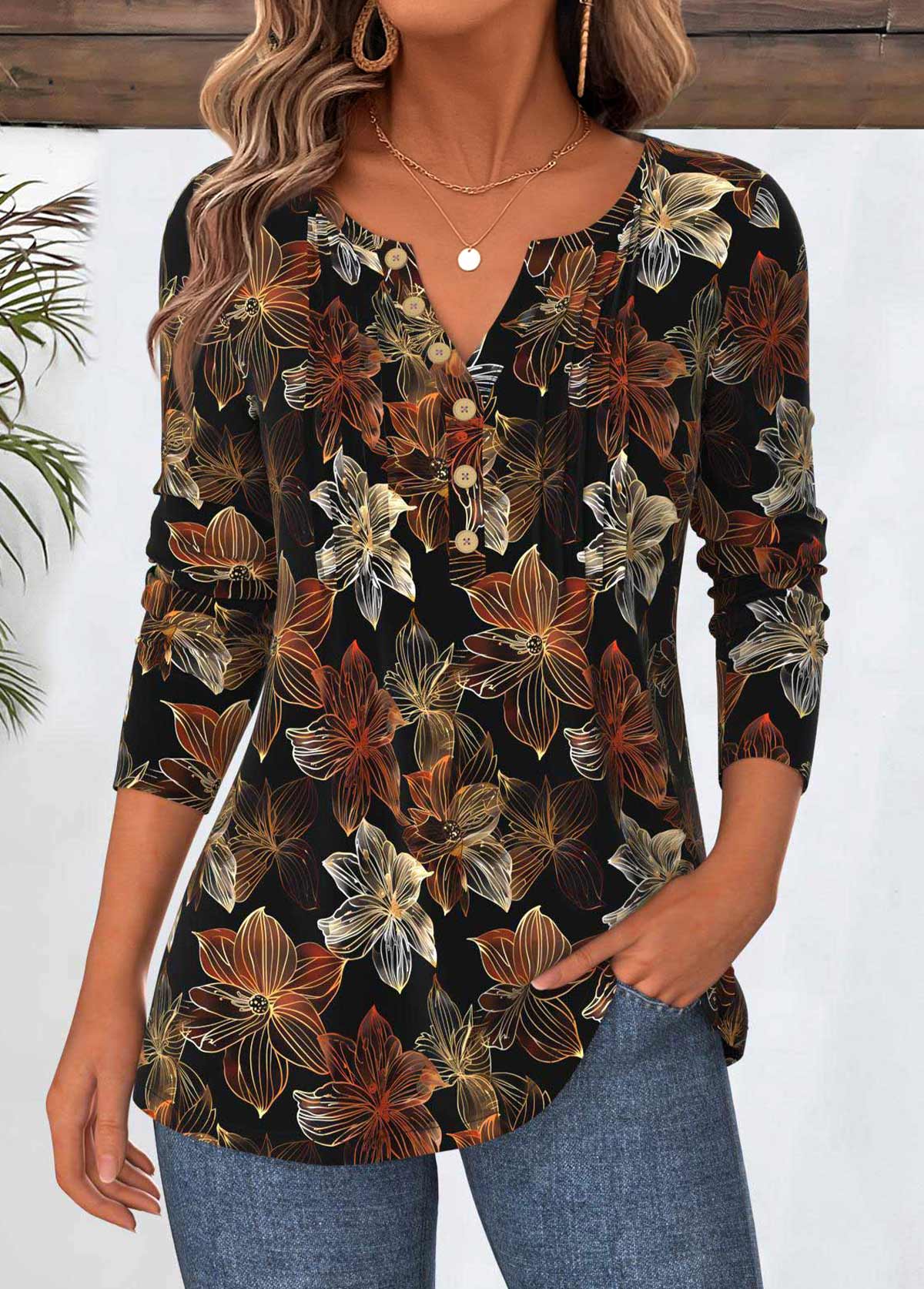 Black Tummy Coverage Floral Print Long Sleeve T Shirt | picture 