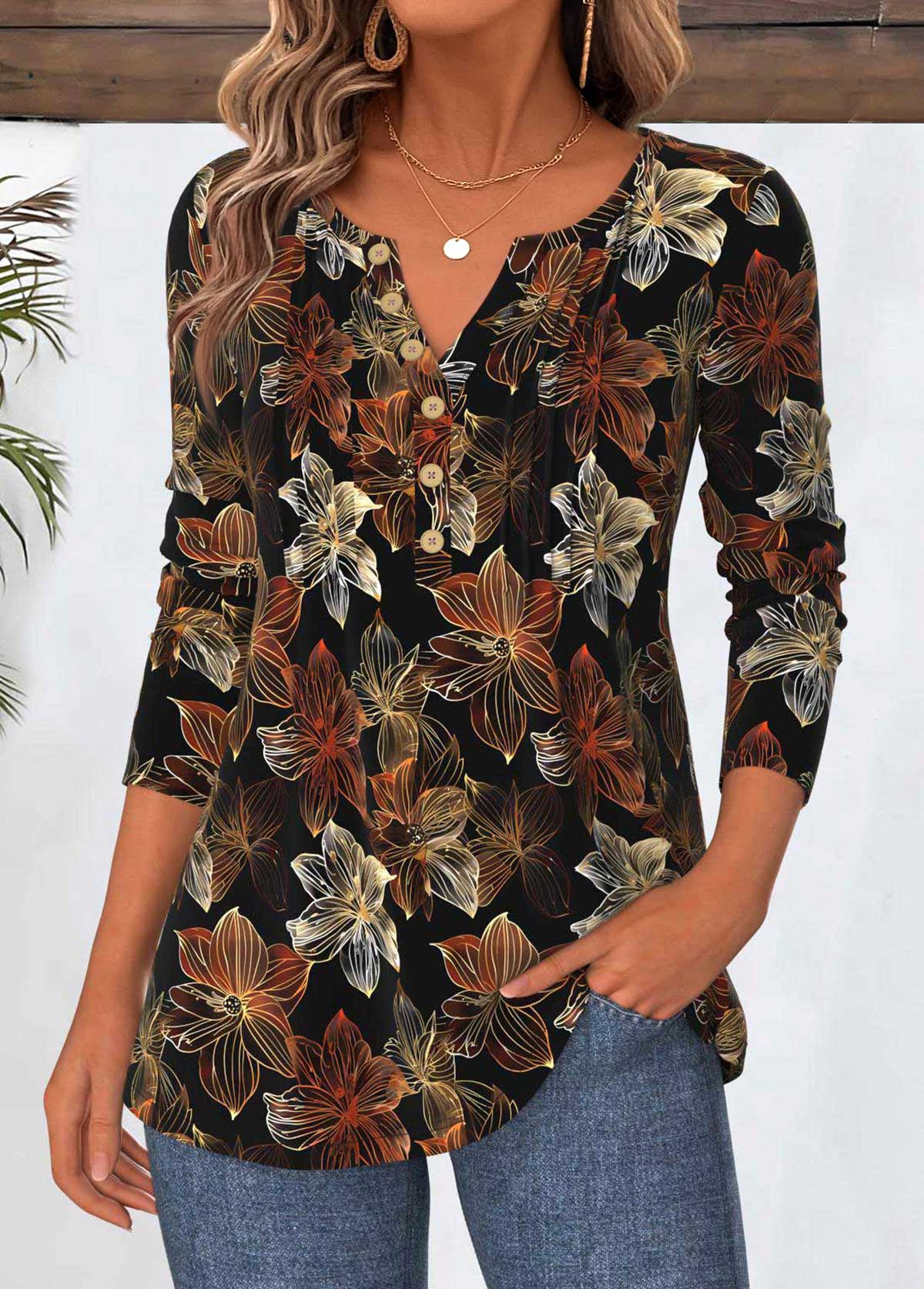 Black Tummy Coverage Floral Print Long Sleeve T Shirt | picture 