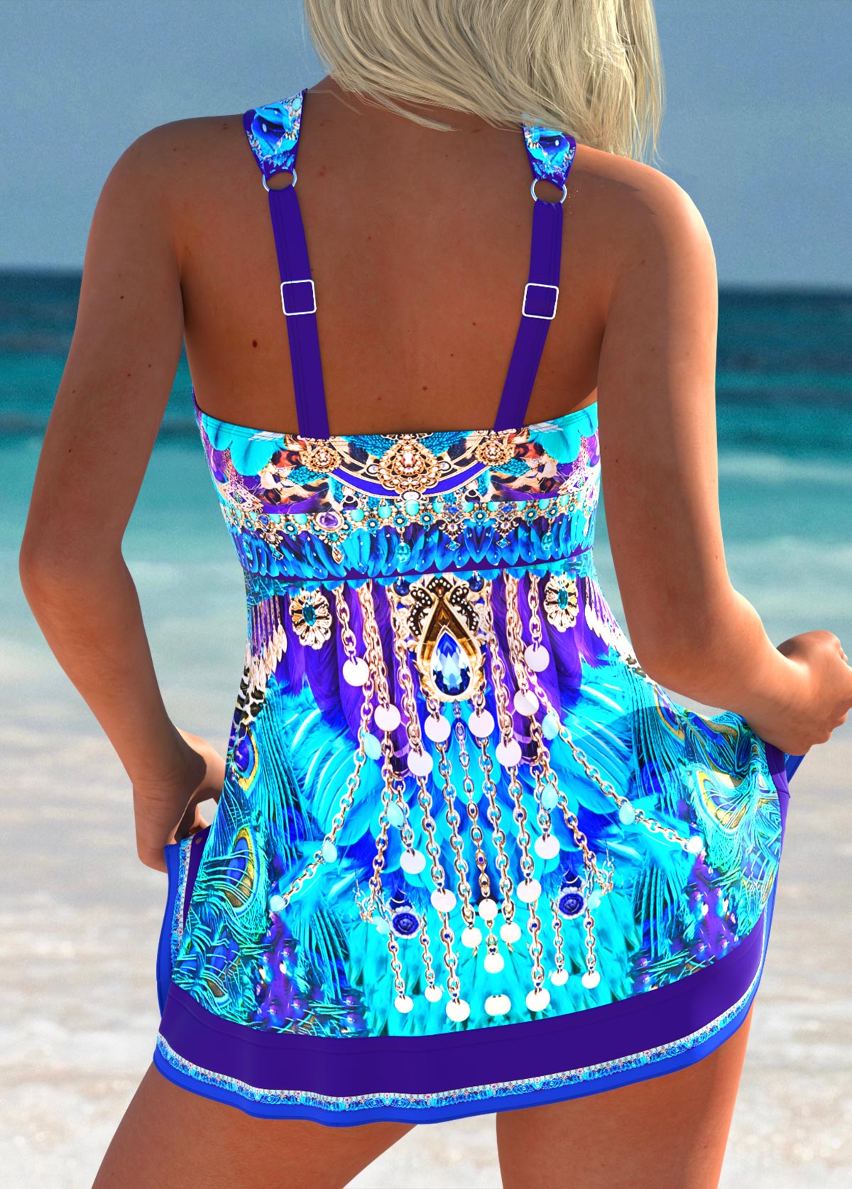 High Waisted Tribal Print Purplish Blue Tankini Set | picture 