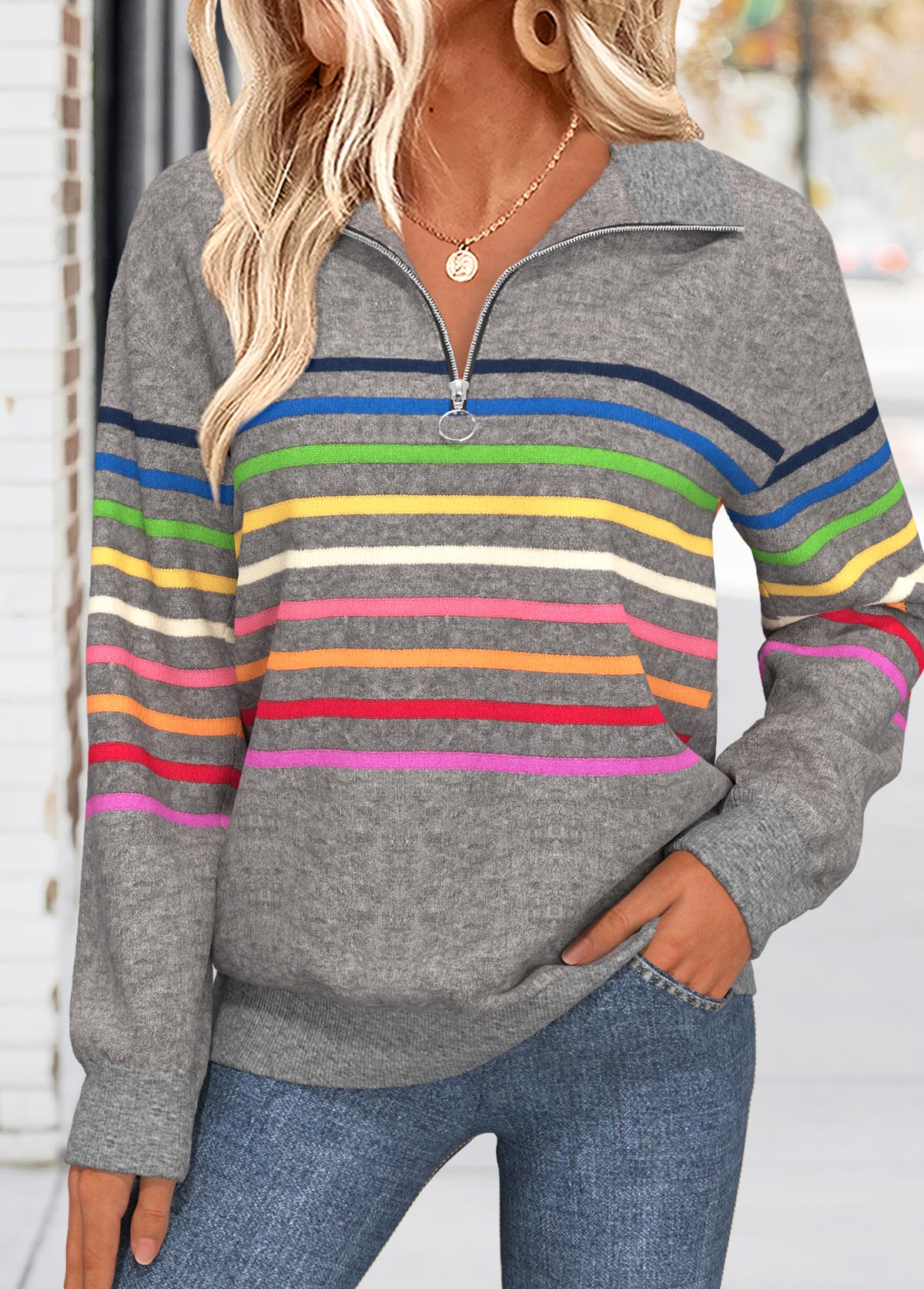 Dark Grey Tummy Coverage Multi Stripe Print Sweatshirt | picture 