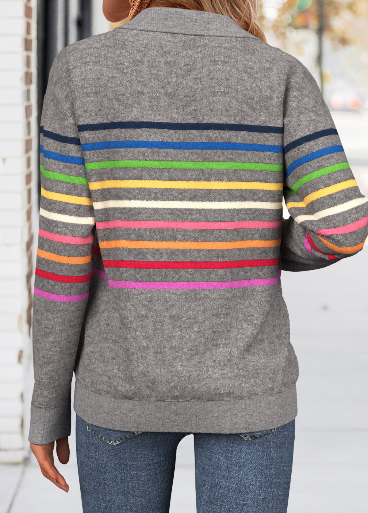 Dark Grey Tummy Coverage Multi Stripe Print Sweatshirt | picture 