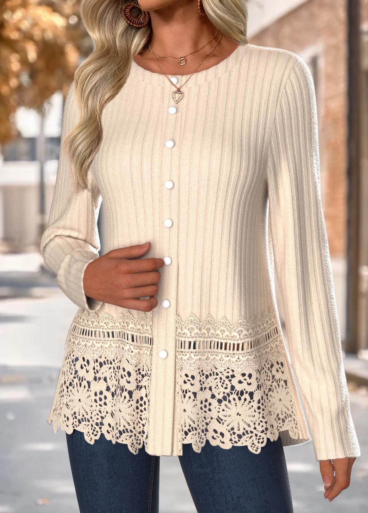 Beige Tummy Coverage Long Sleeve Round Neck T Shirt | picture 