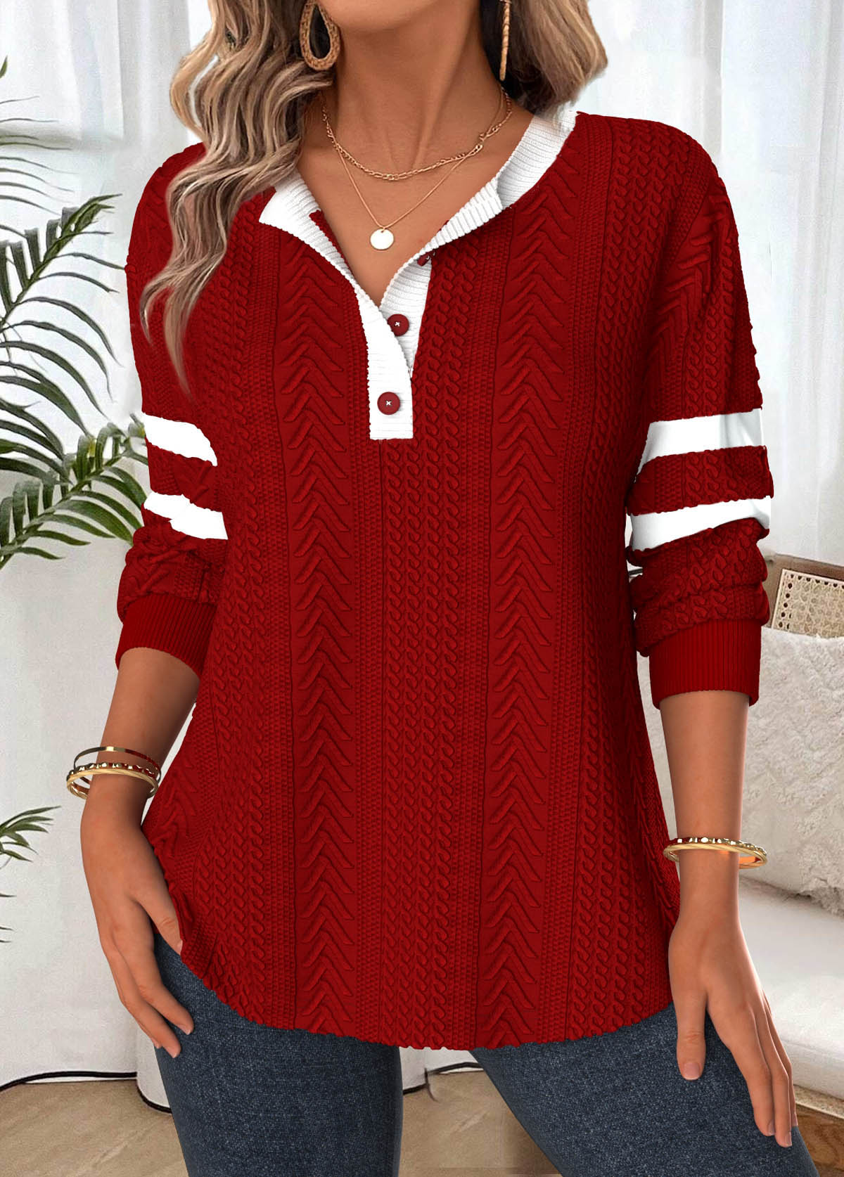 Deep Red Tummy Coverage Long Sleeve Split Neck Sweatshirt | picture 