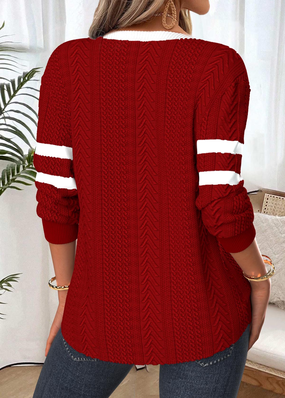 Deep Red Tummy Coverage Long Sleeve Split Neck Sweatshirt | picture 
