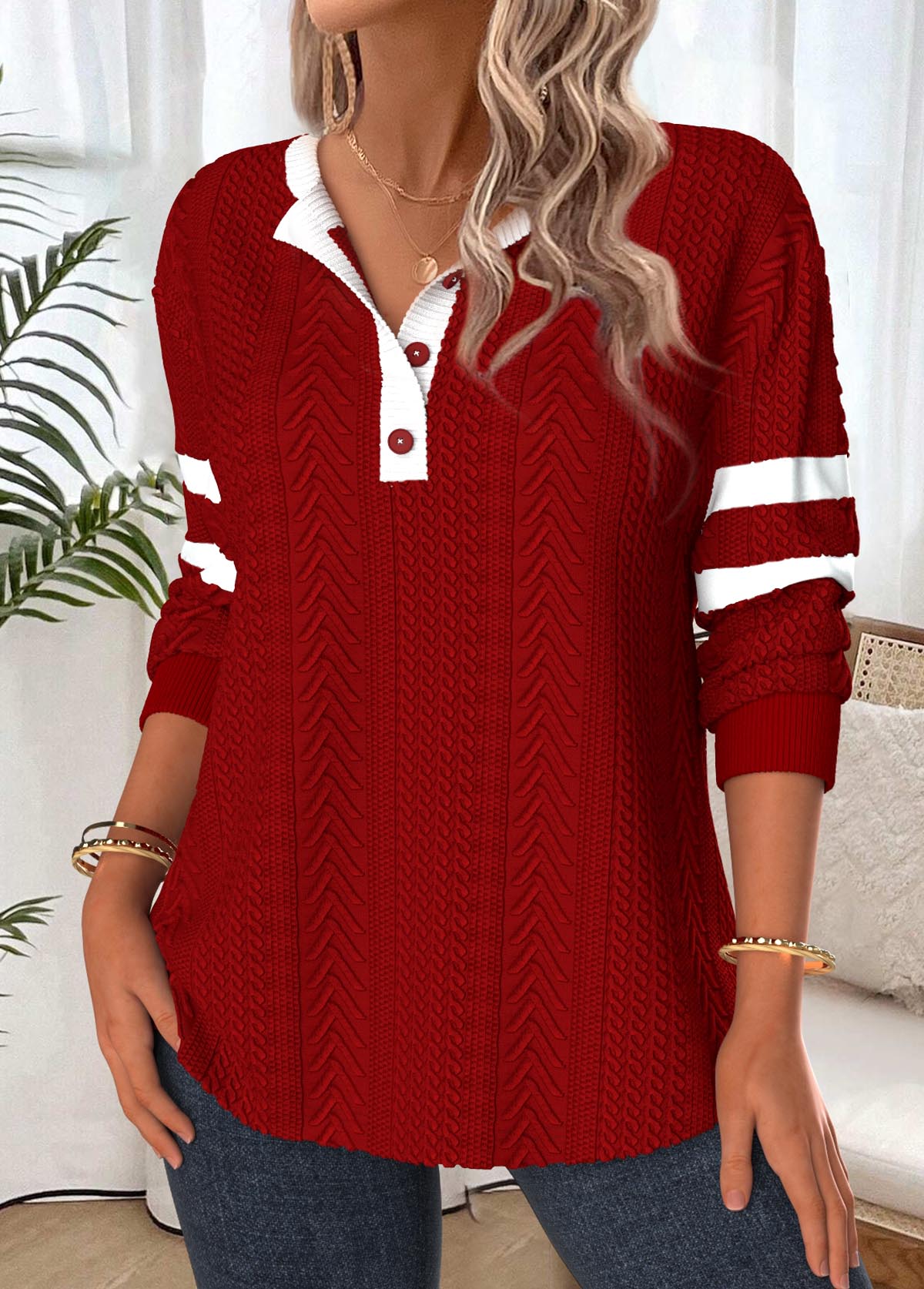 Deep Red Tummy Coverage Long Sleeve Split Neck Sweatshirt | picture 