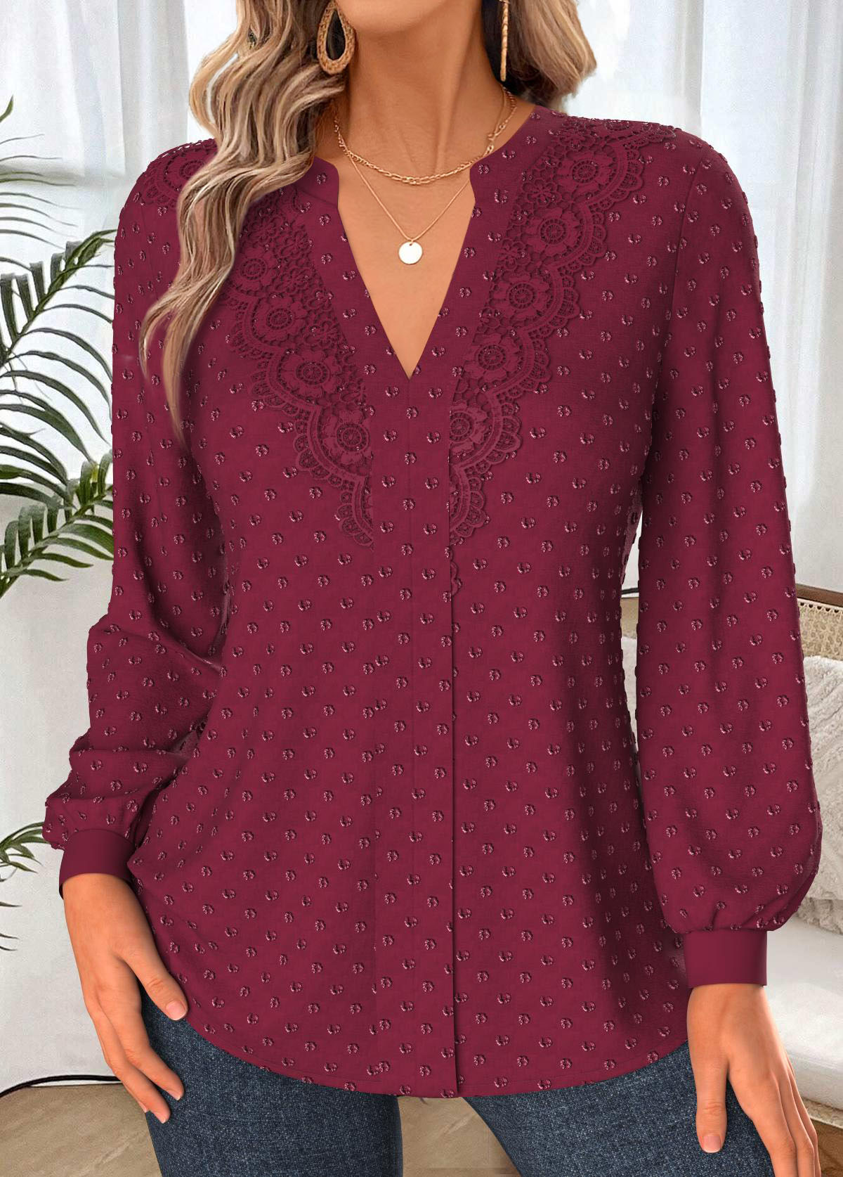Wine Red Tummy Coverage Long Sleeve Split Neck Shirt | picture 