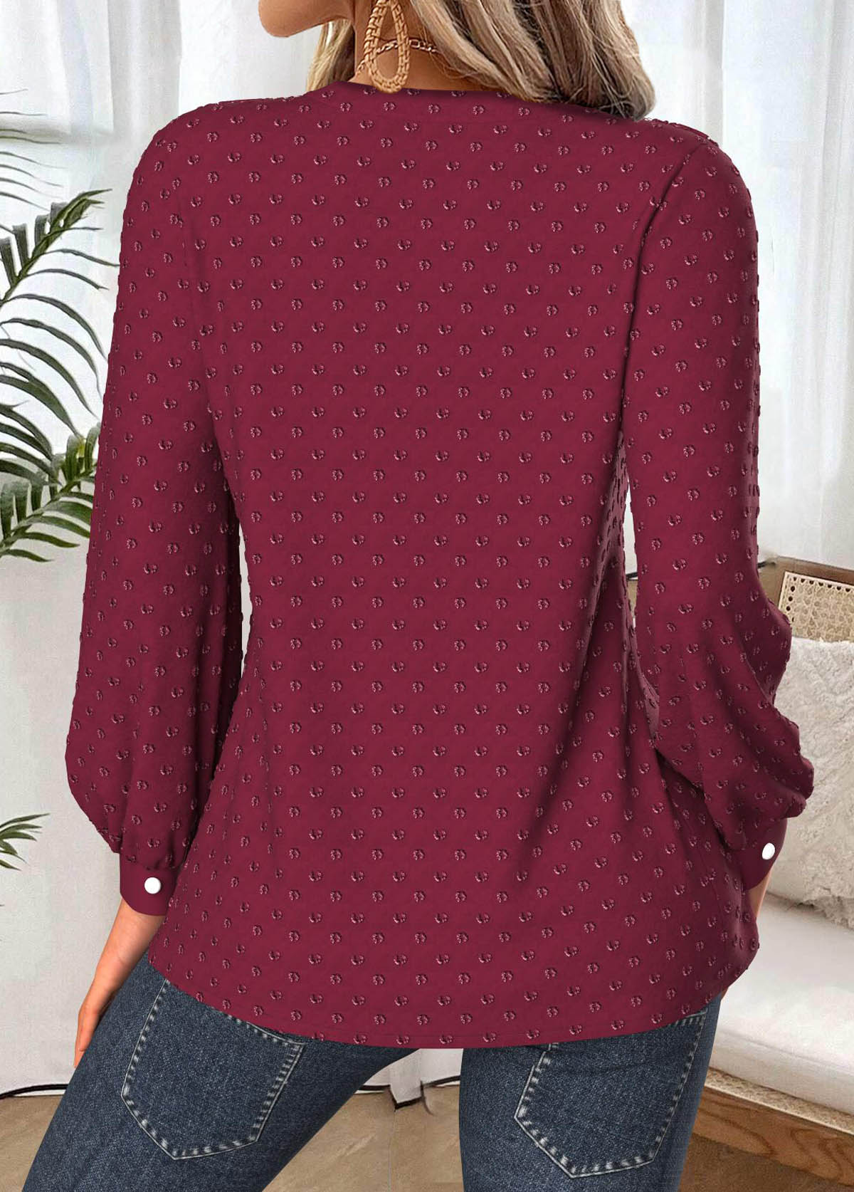 Wine Red Tummy Coverage Long Sleeve Split Neck Shirt | picture 