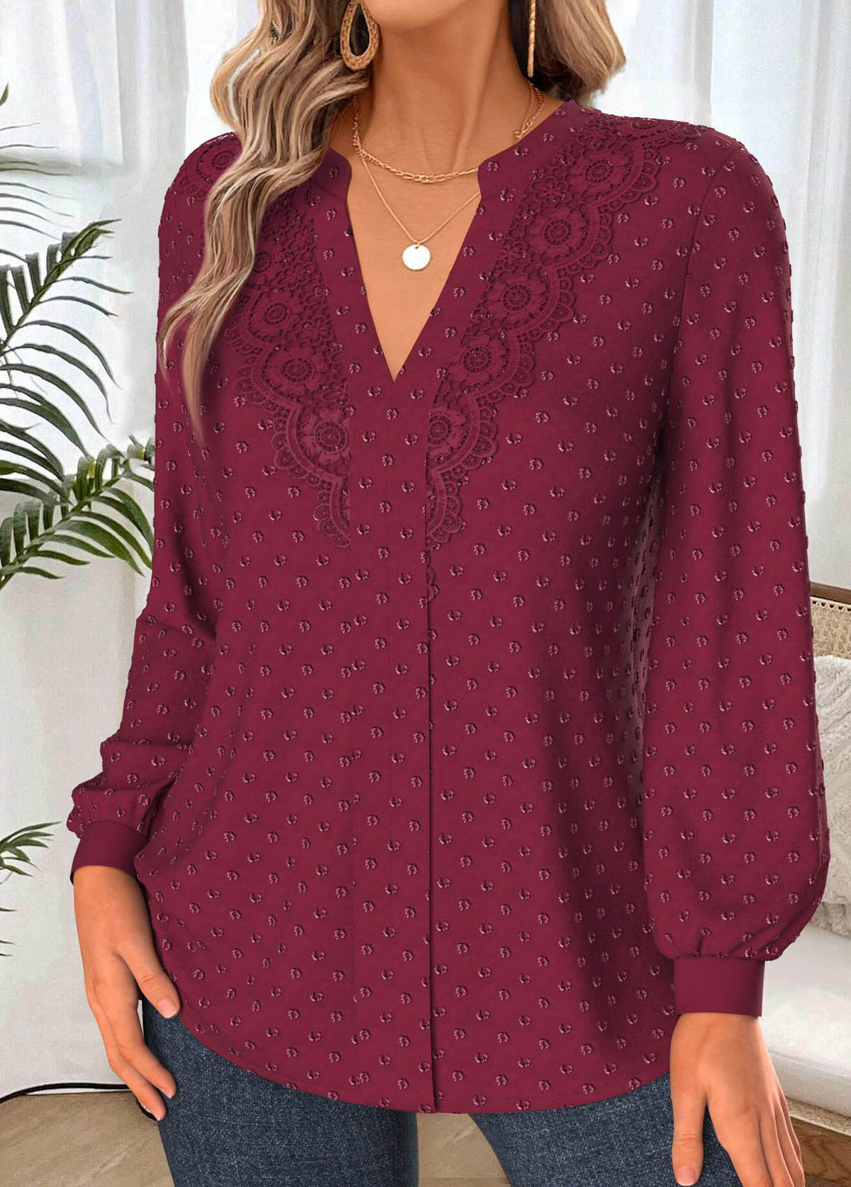 Wine Red Tummy Coverage Long Sleeve Split Neck Shirt | picture 