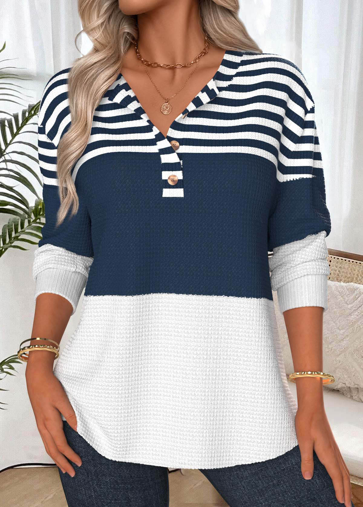 Navy Tummy Coverage Striped Long Sleeve Split Neck Sweatshirt | picture 