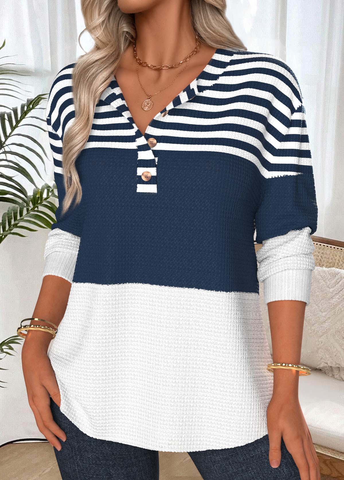Navy Tummy Coverage Striped Long Sleeve Split Neck Sweatshirt | picture 