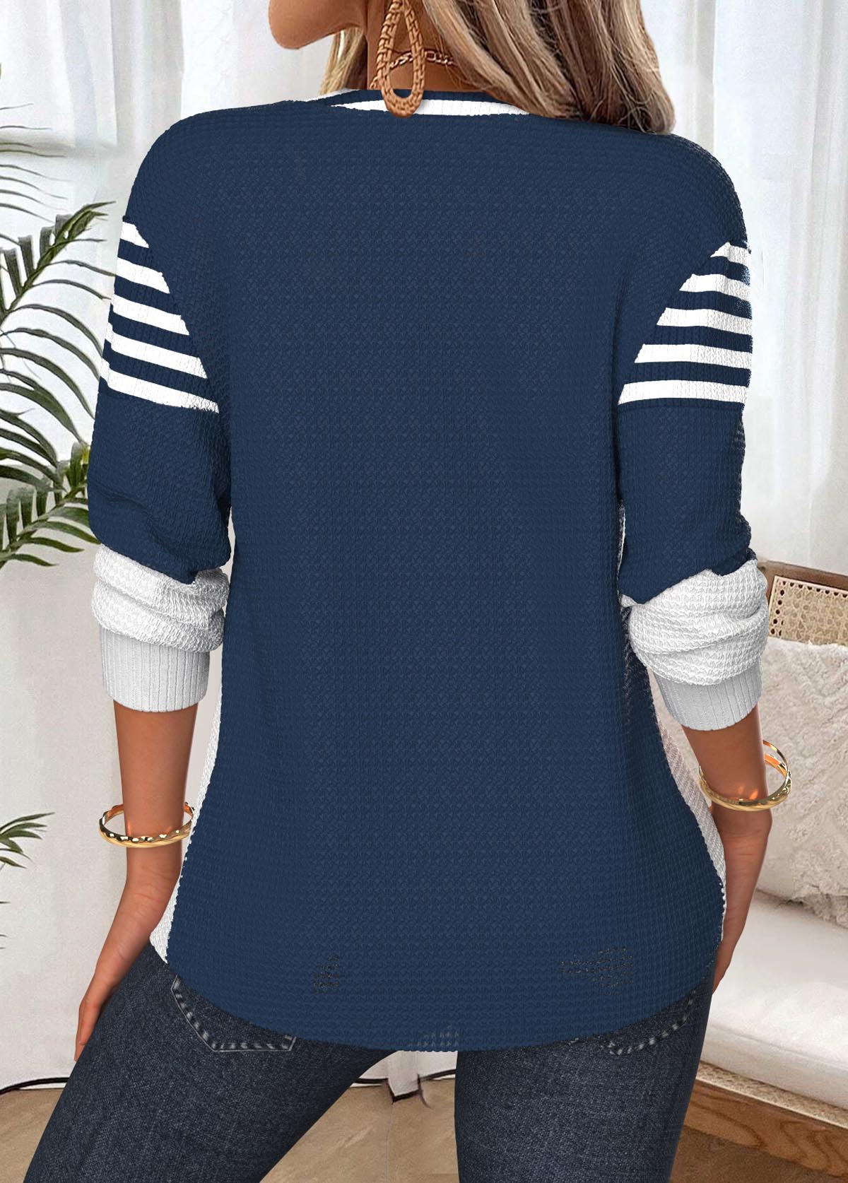 Navy Tummy Coverage Striped Long Sleeve Split Neck Sweatshirt | picture 
