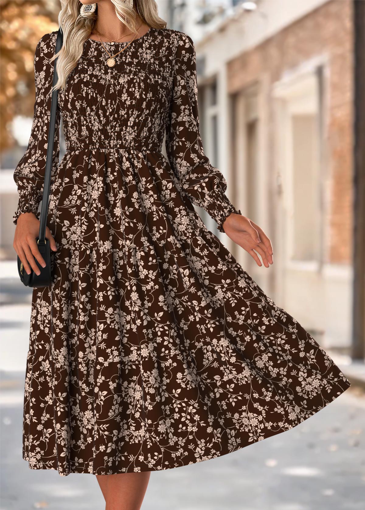 Dark Coffee Tummy Coverage Ditsy Floral Print Dress | picture 