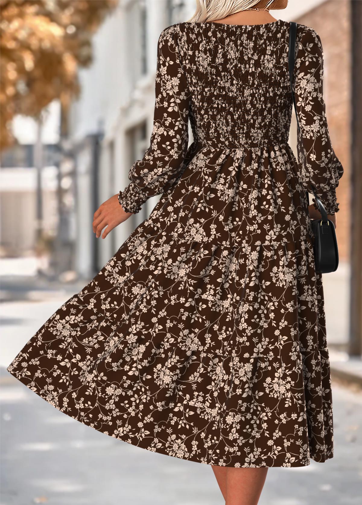 Dark Coffee Tummy Coverage Ditsy Floral Print Dress | picture 
