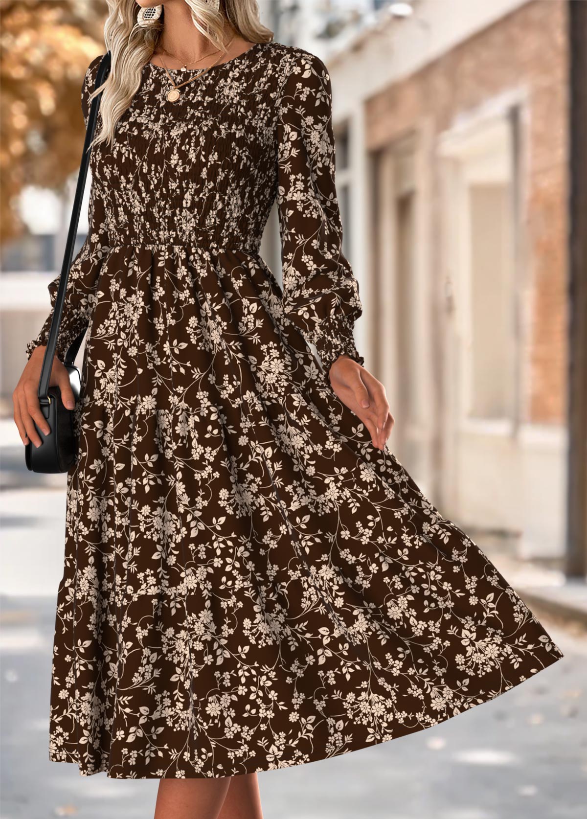 Dark Coffee Tummy Coverage Ditsy Floral Print Dress | picture 